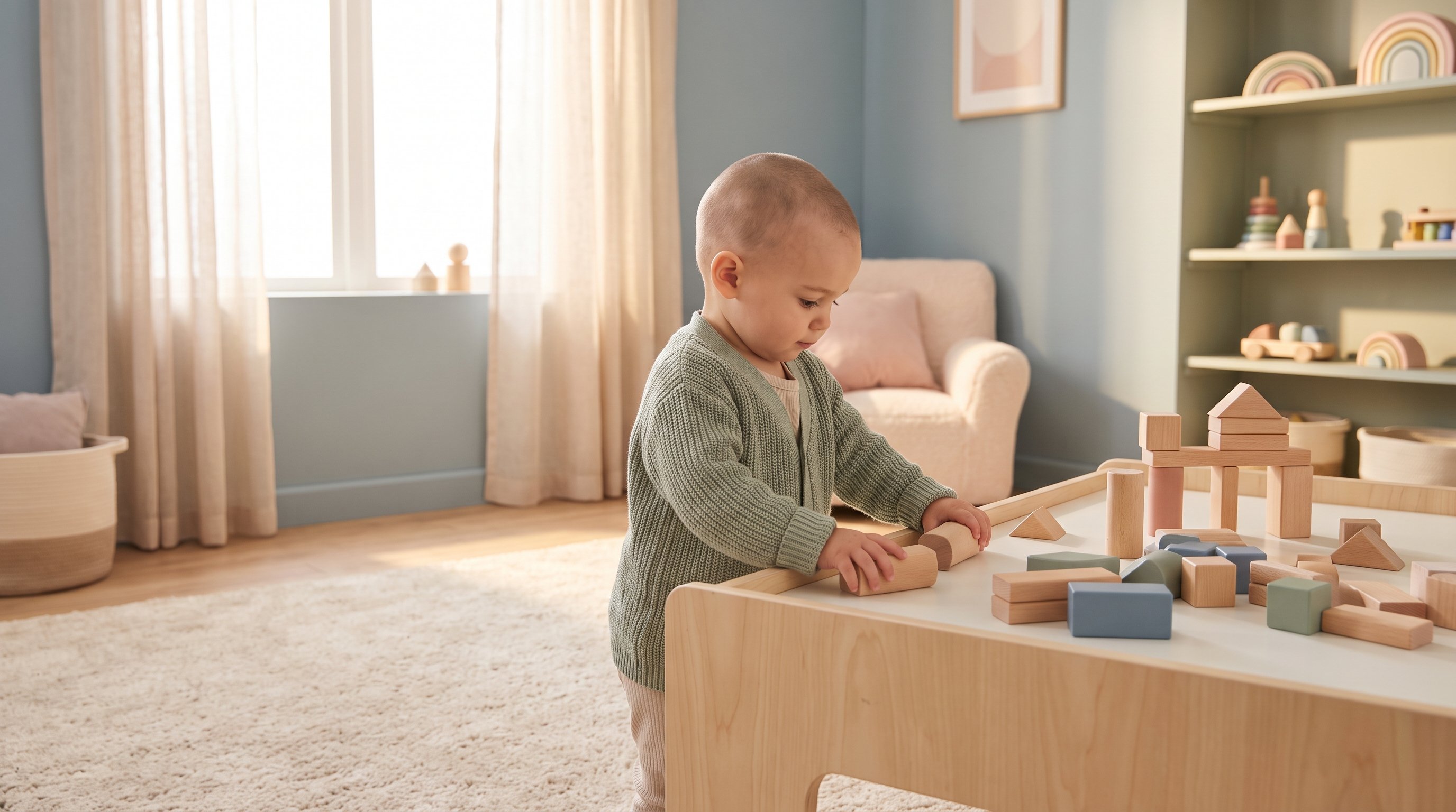 toddler cruising along a low coffee table in a living room