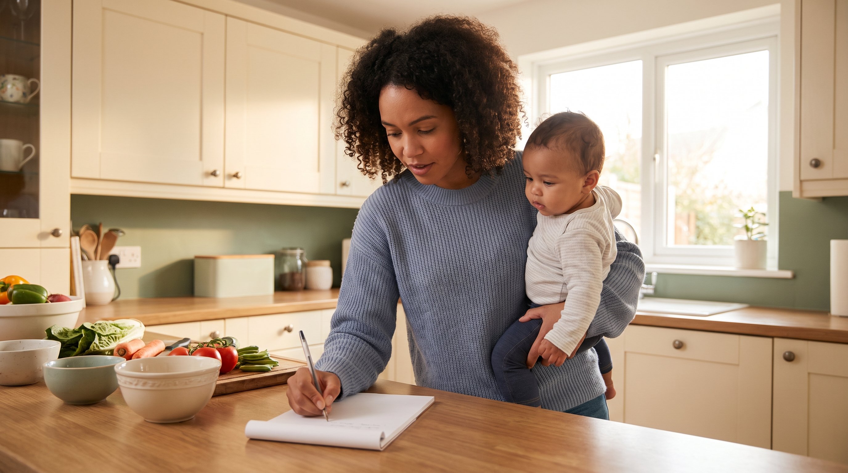 parent typing a short note on phone while holding baby