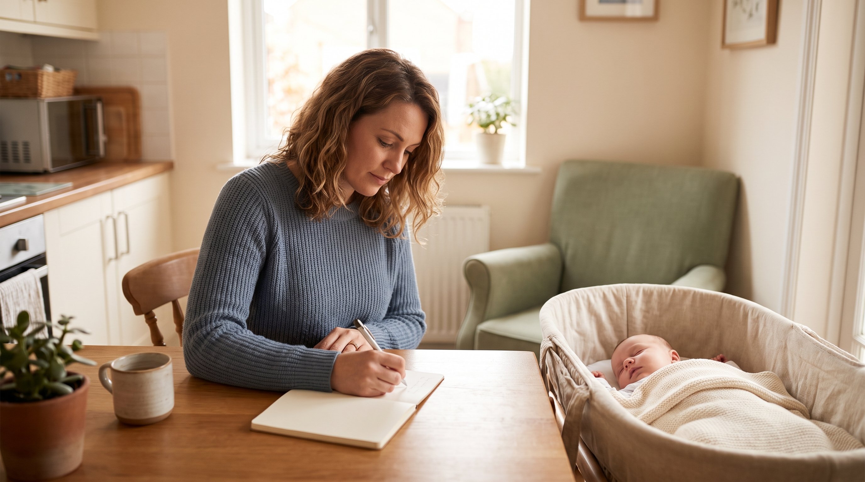 parent writing in notebook with baby napping nearby