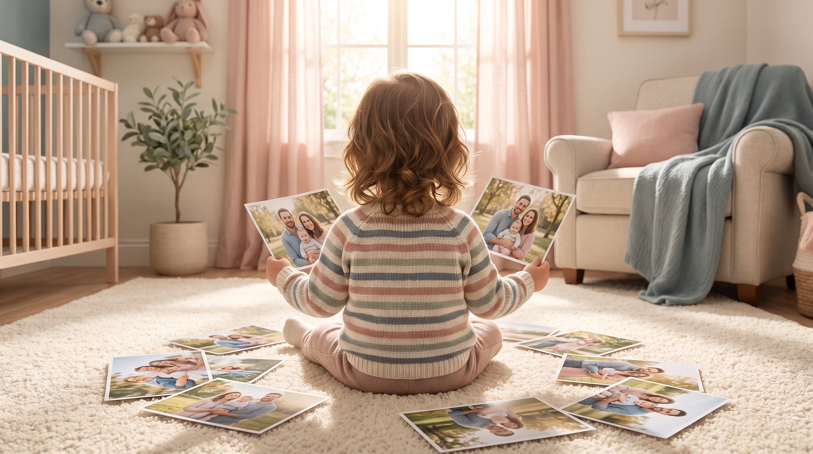 toddler flipping through pages of a family photo album