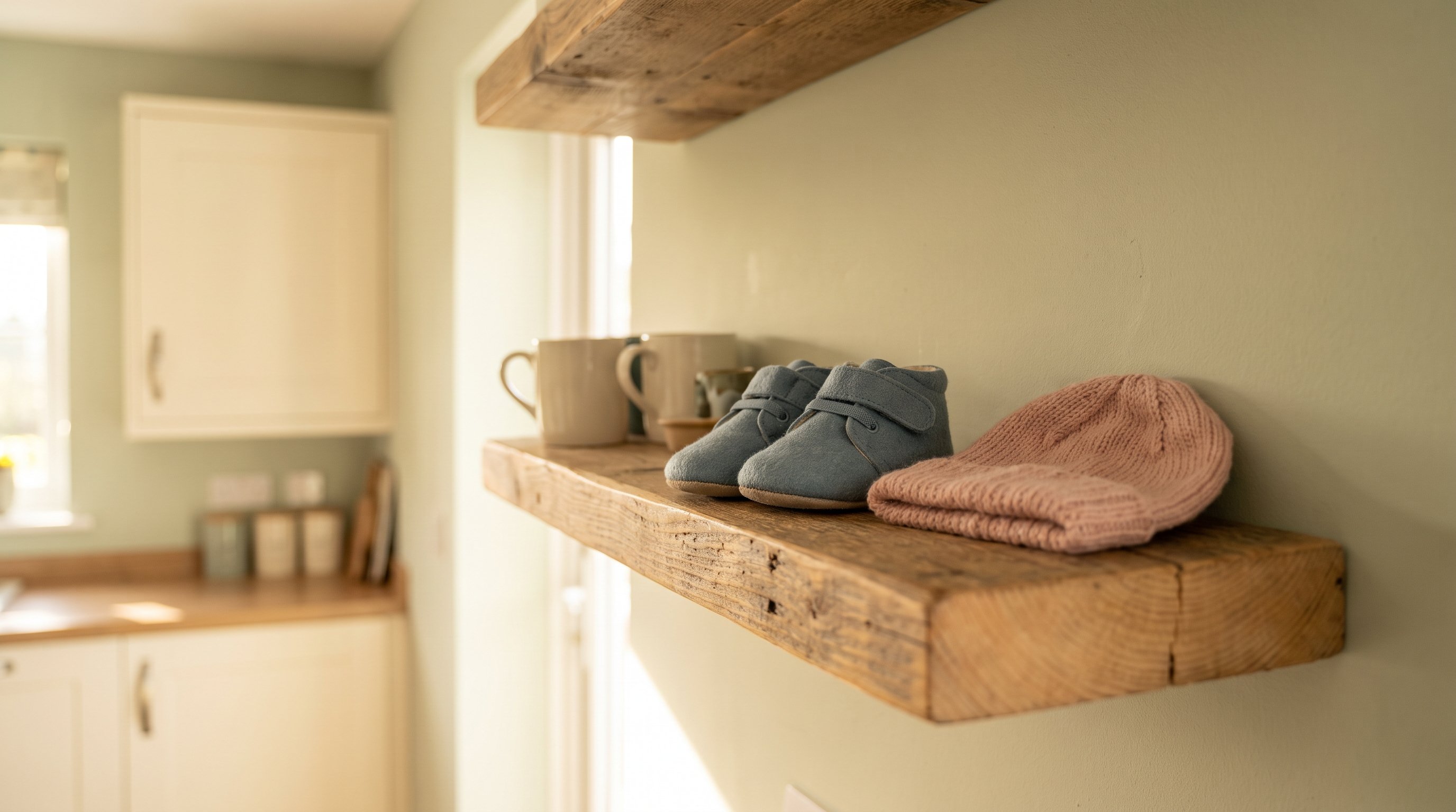 tiny baby shoes and a knitted hat on a shelf