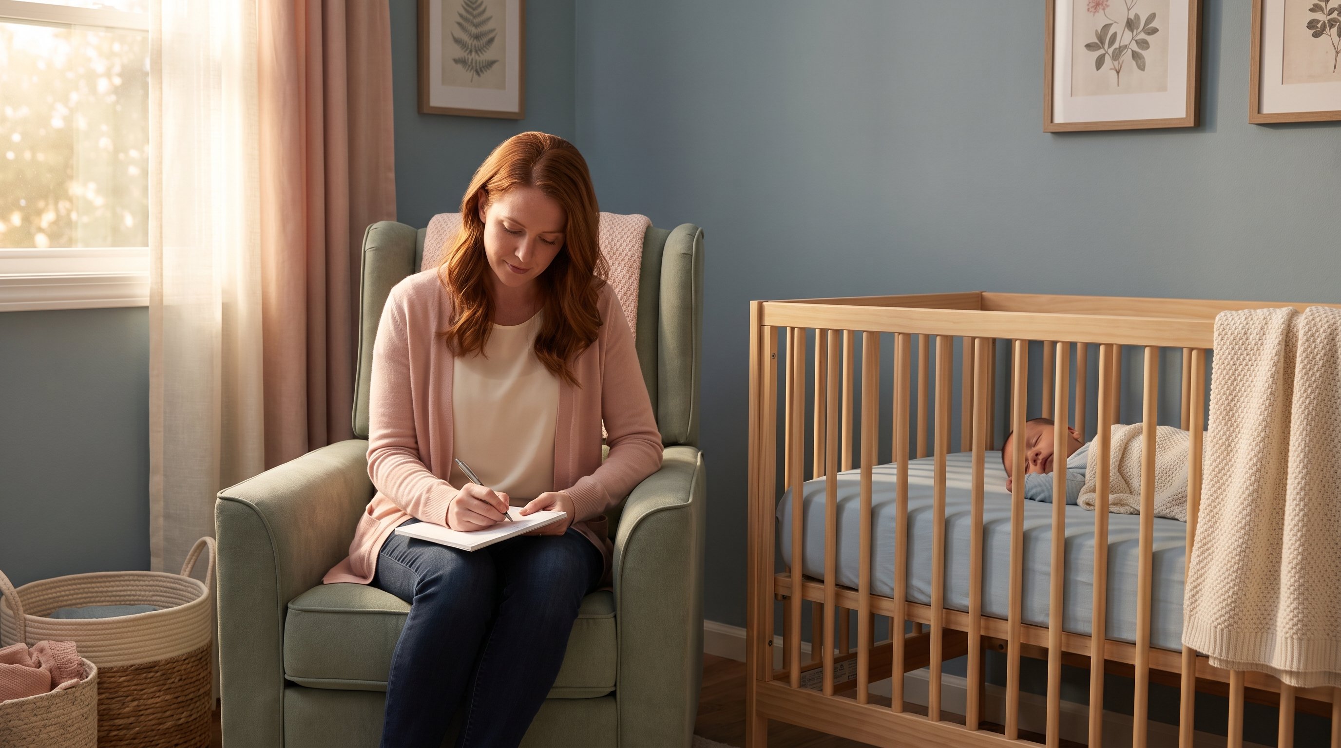 parent writing in a notebook beside a sleeping baby