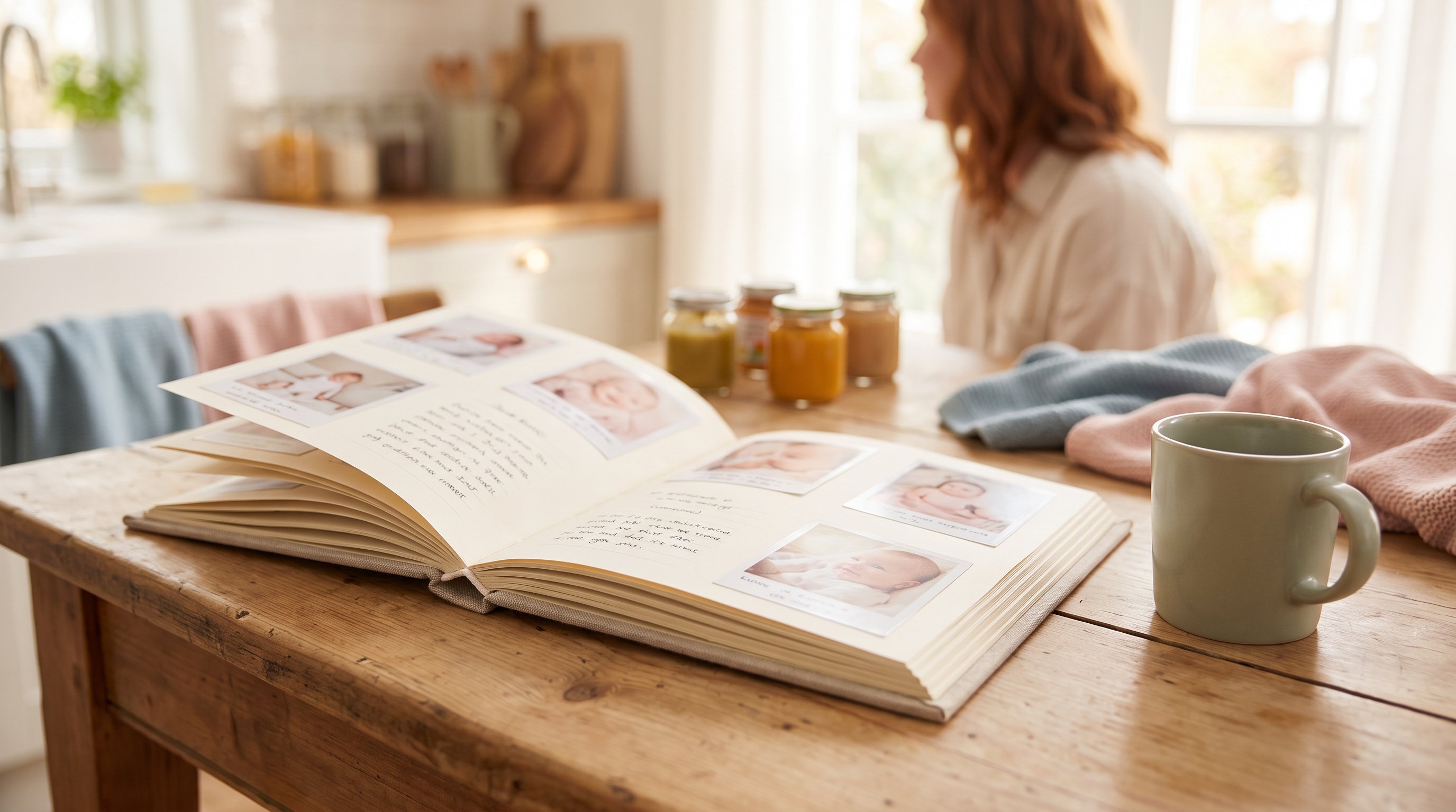 open baby memory book on a wooden table