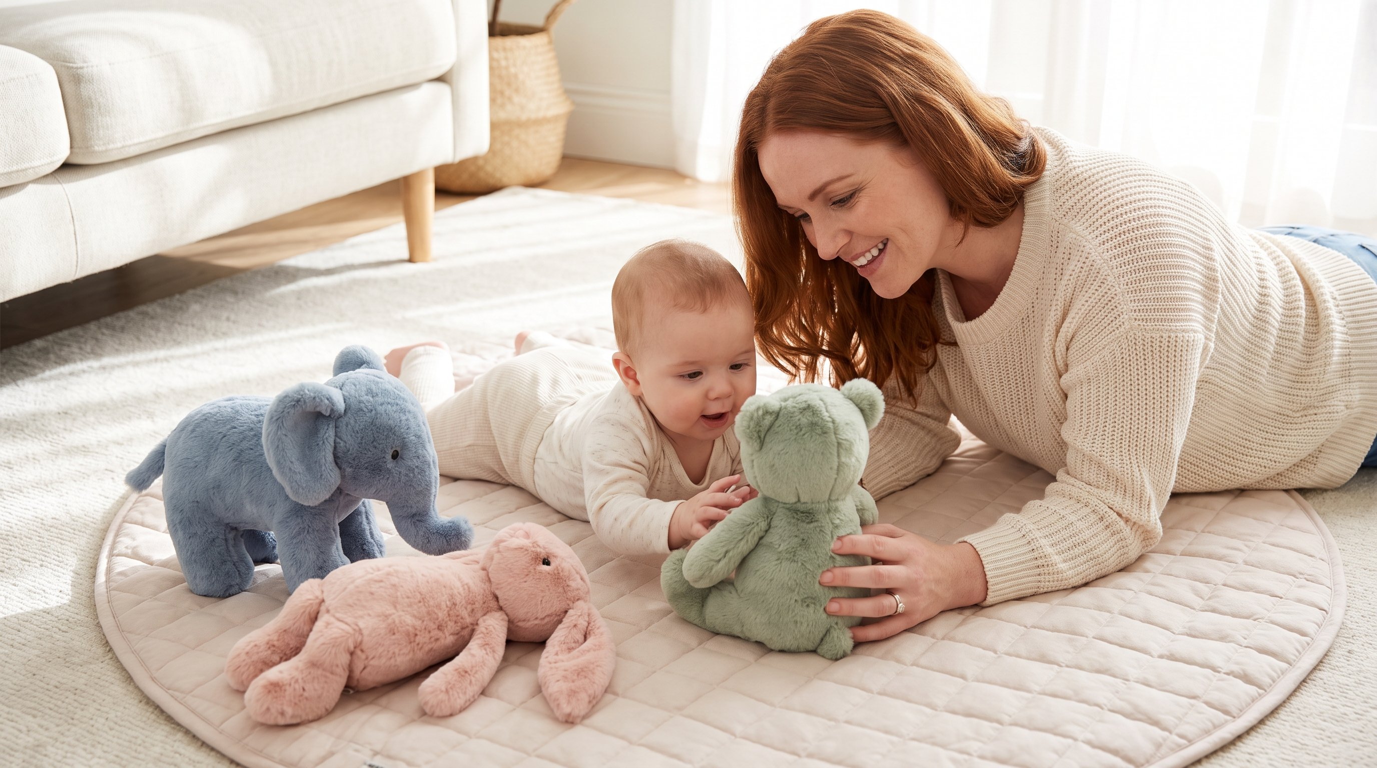 parent and baby on a play mat with soft toys scattered around