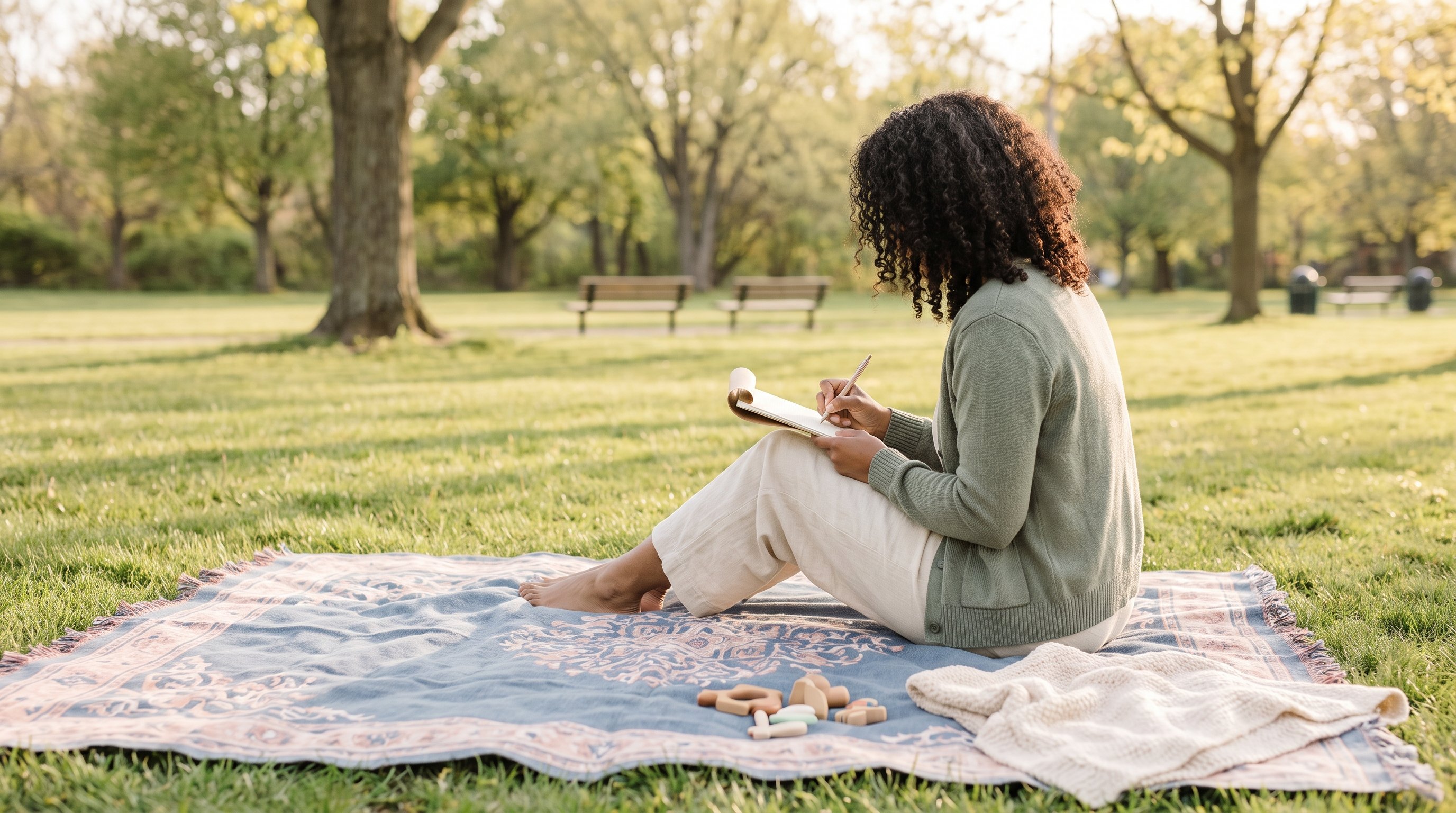 parent writing in a notebook while baby plays on a rug nearby