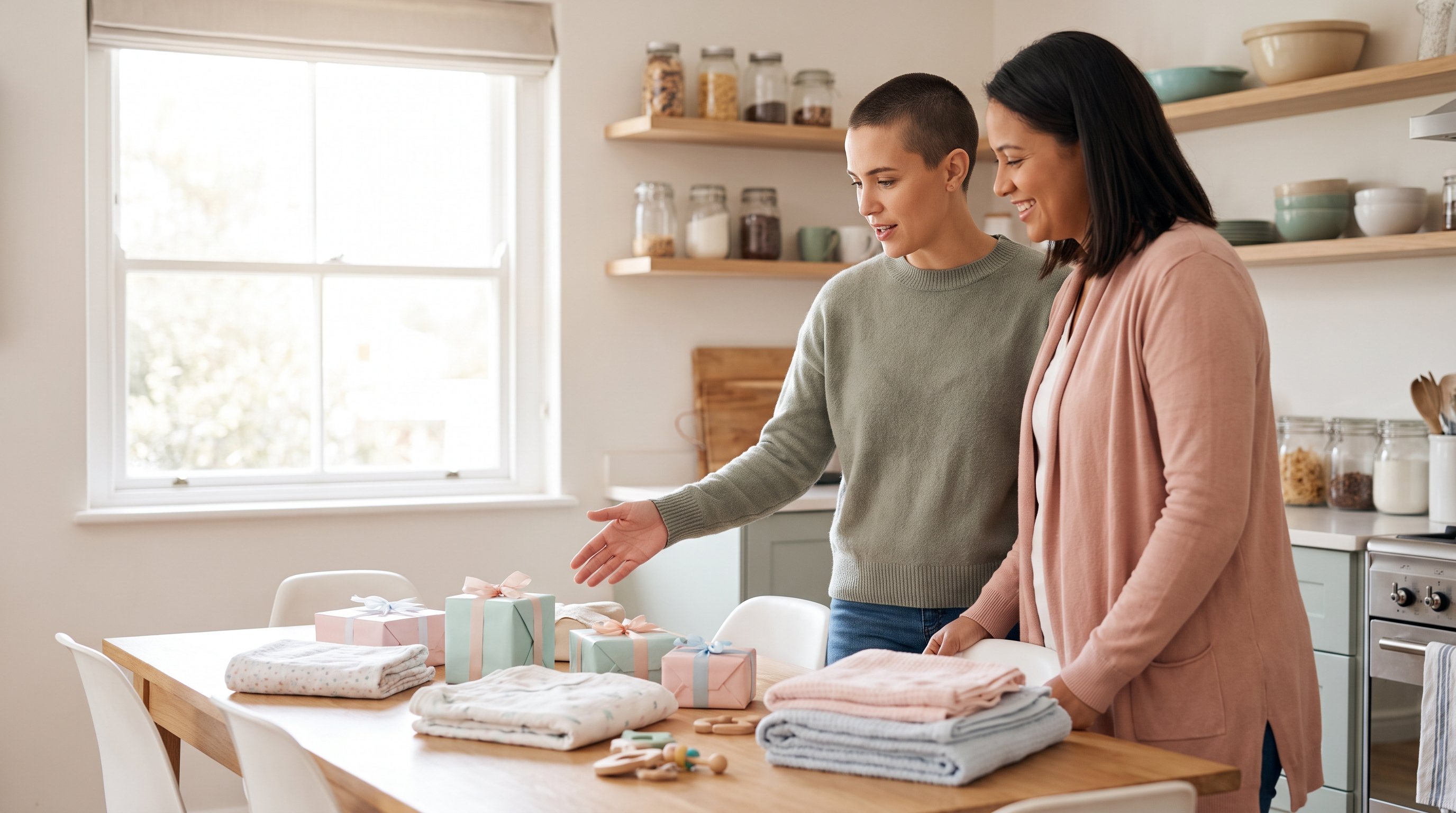 friends gathered around a gift table at a baby shower
