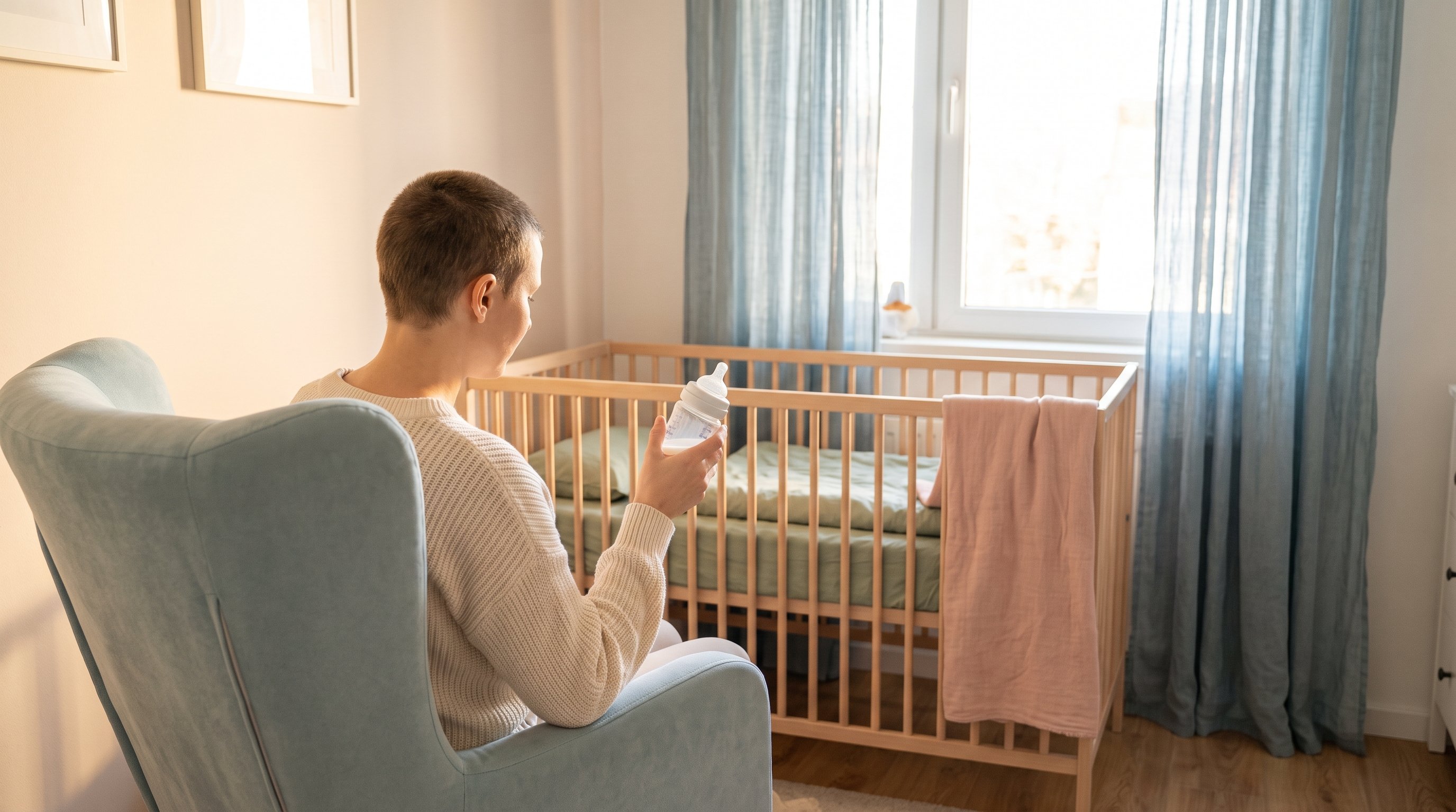 mother feeding baby in dim nursery at night