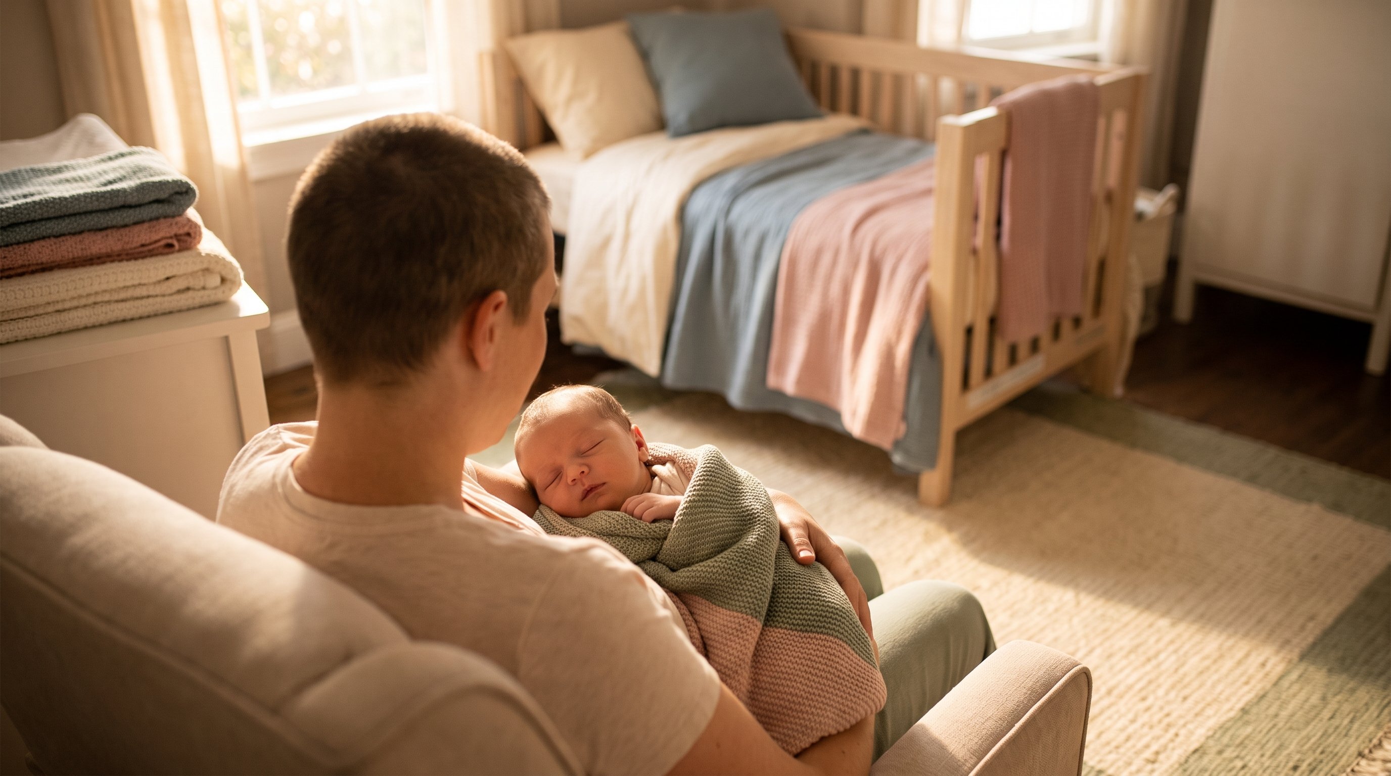 new mother holding newborn on sofa at home