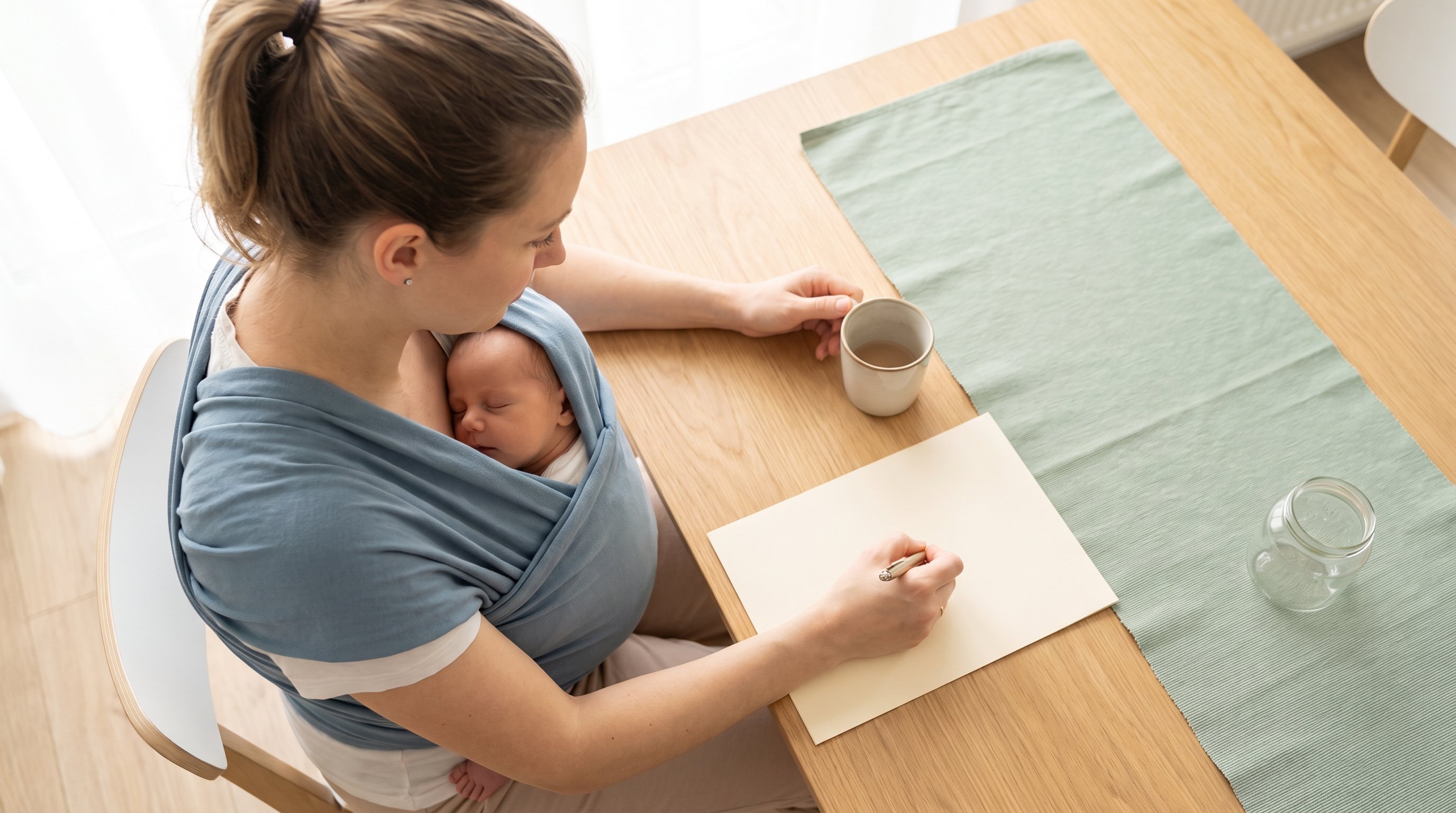 parent writing in a notebook next to a sleeping baby