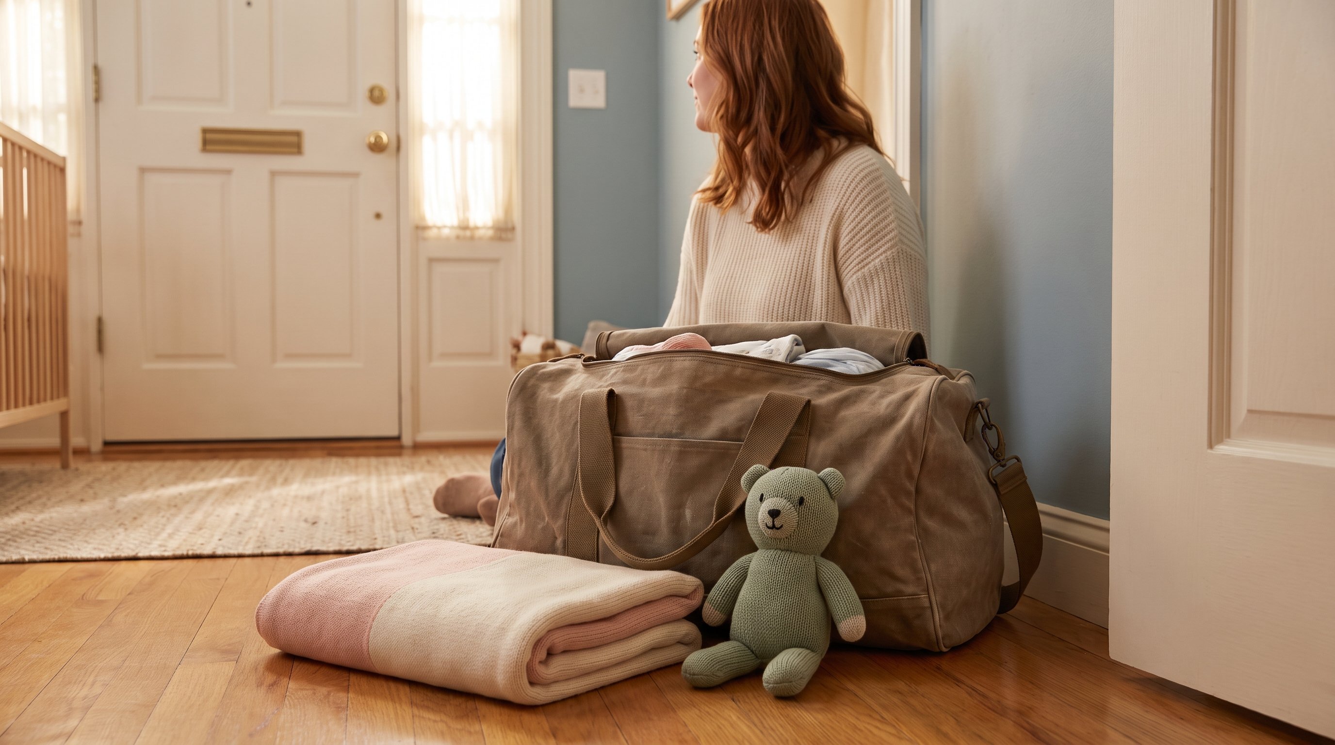packed hospital bag by front door packed hospital bag by front door
