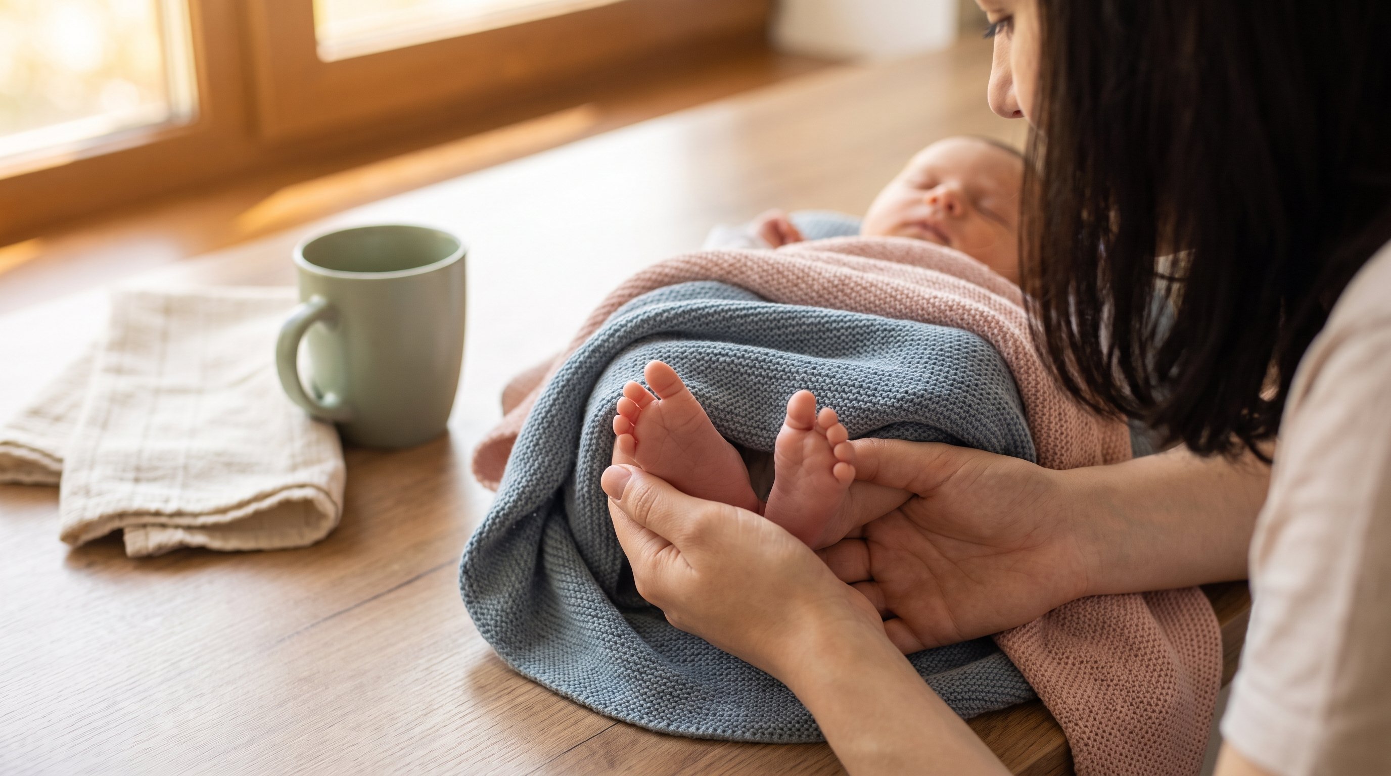 parent holding sleeping newborn in dim nursery parent holding sleeping newborn in dim nursery