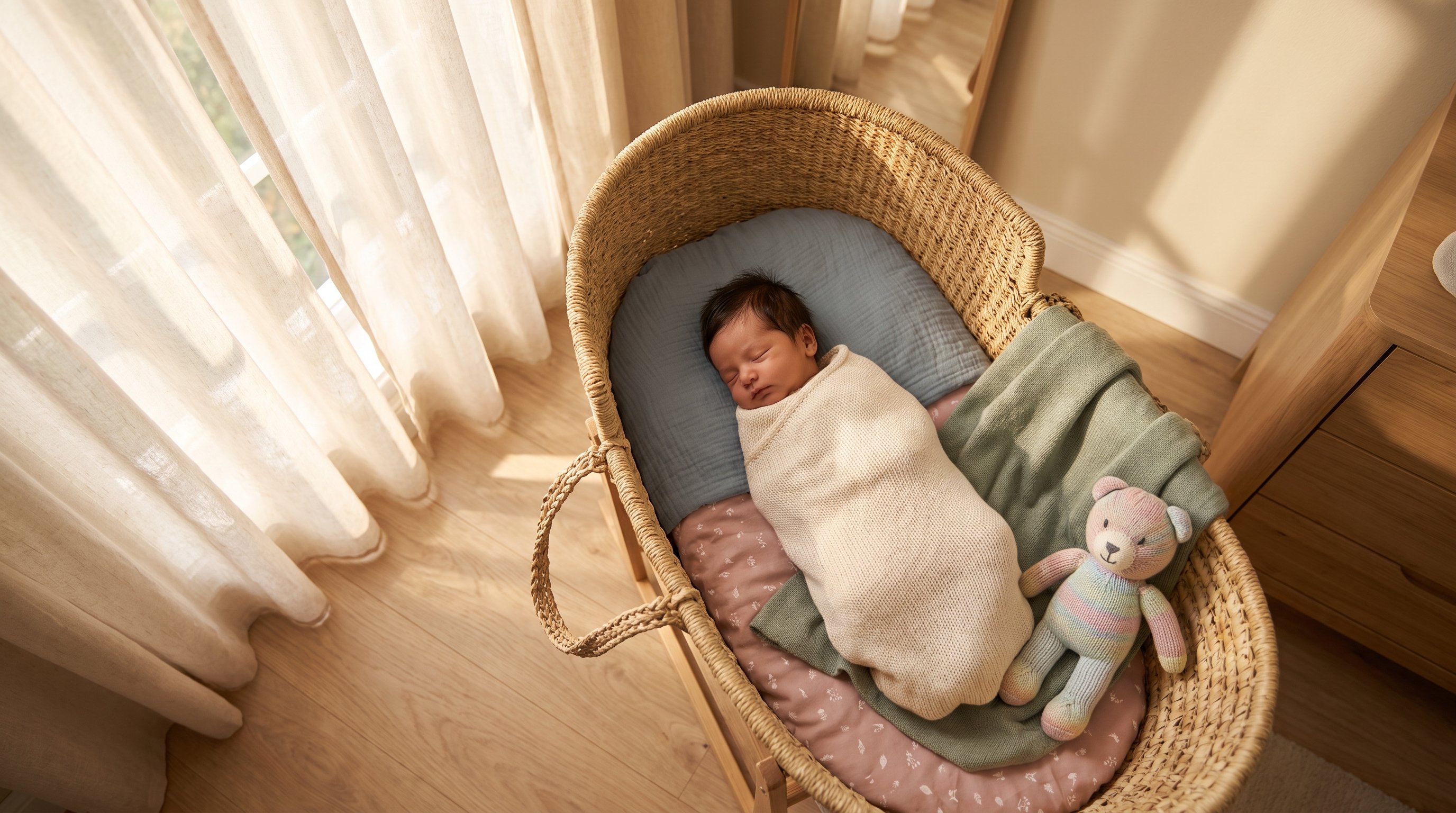 newborn baby sleeping swaddled in bassinet near window