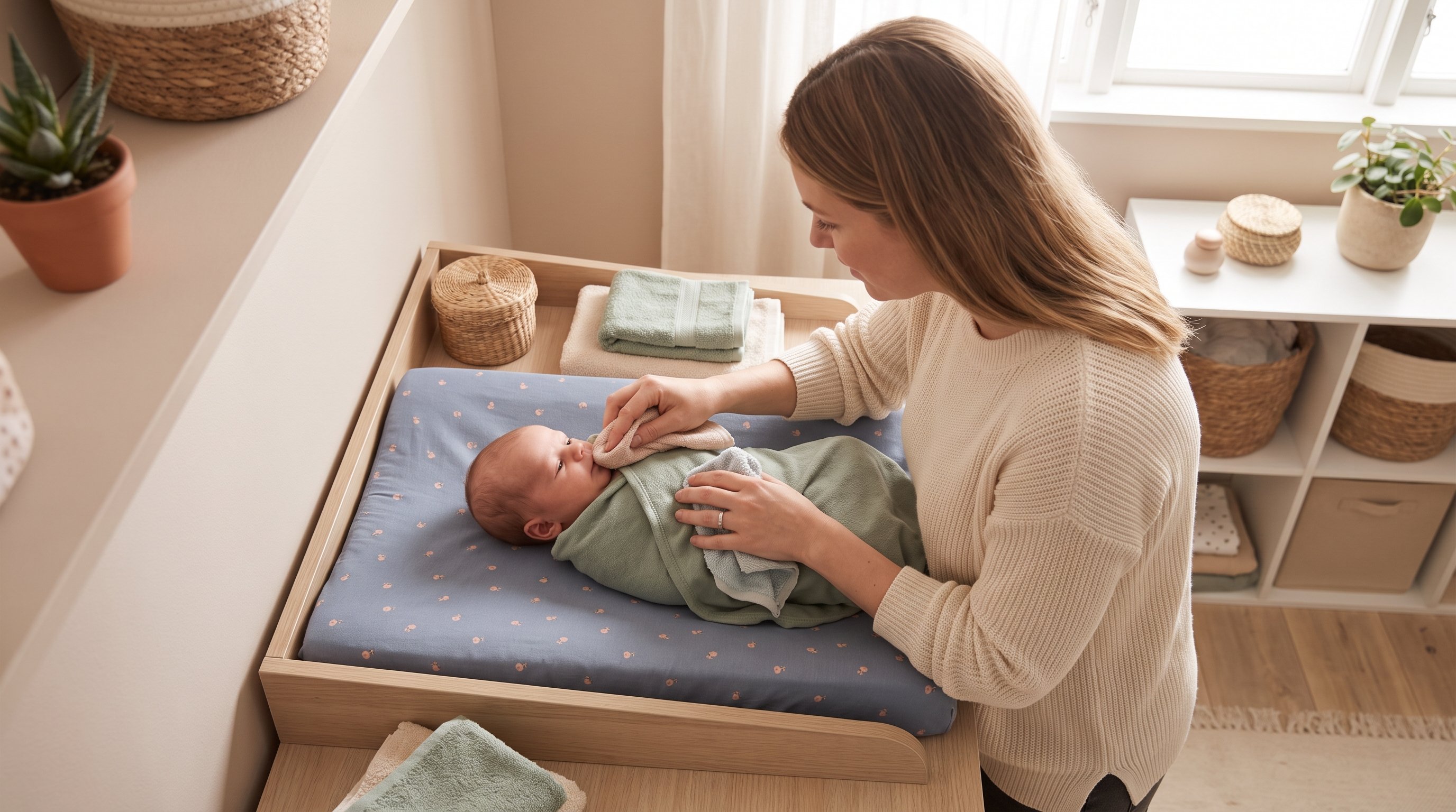 parent wiping newborn face gently with soft cloth