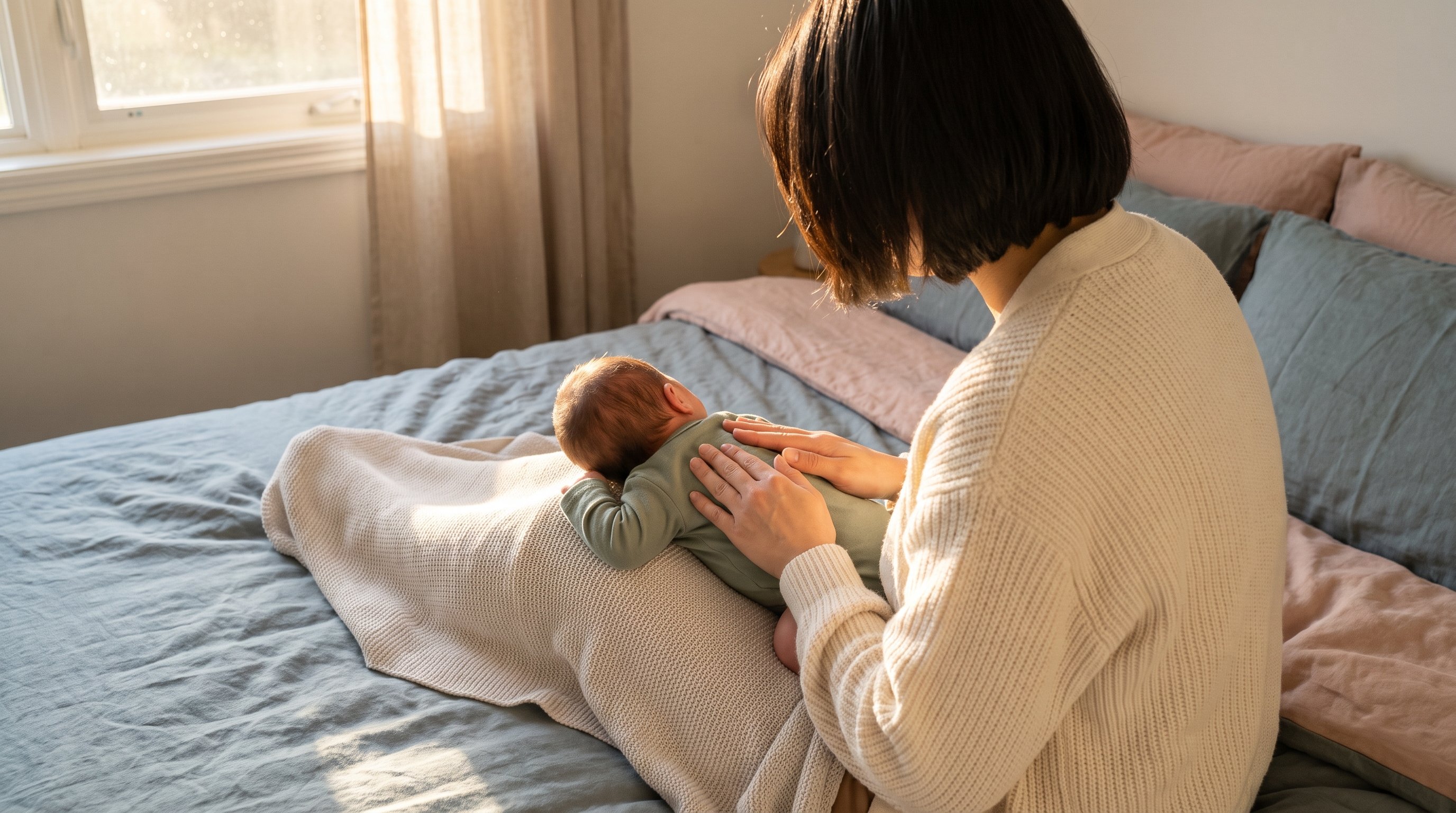 newborn lying face down across parent's lap during burping