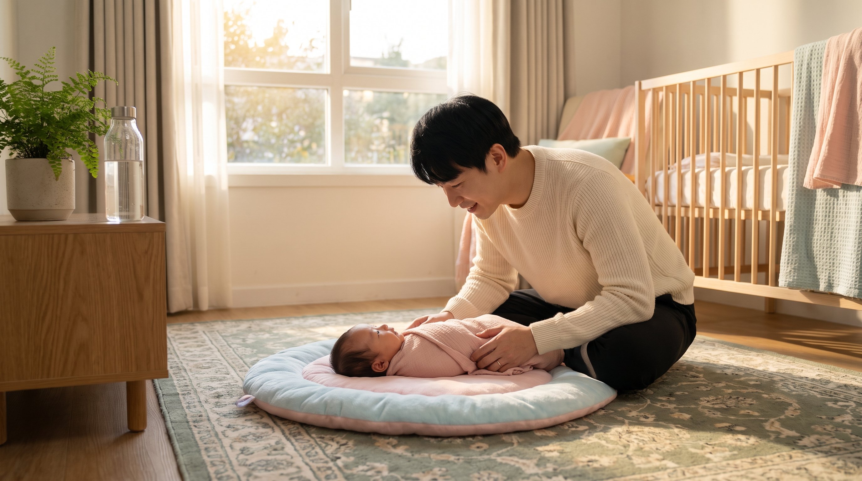 parent kneeling beside a baby during a short tummy time session on a mat