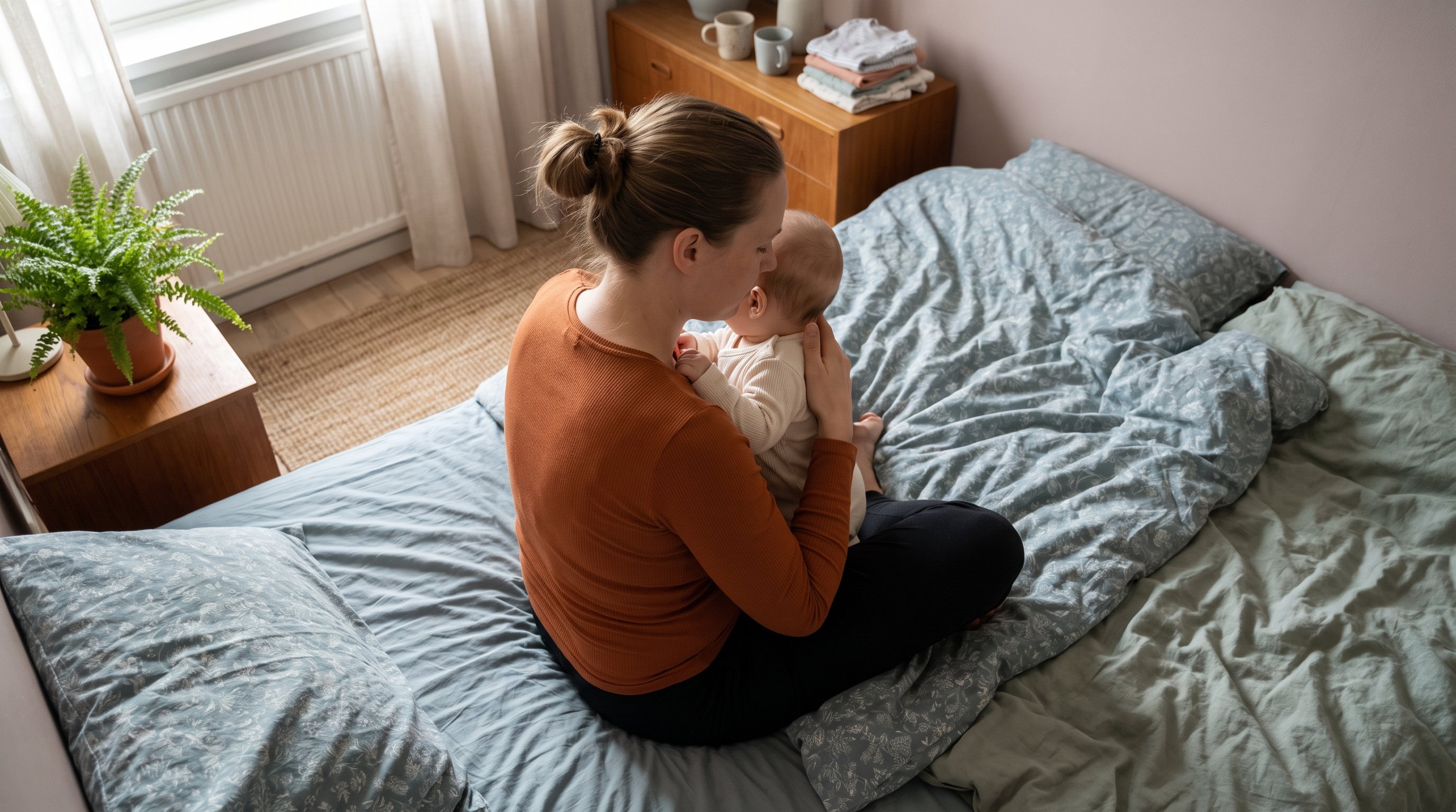 parent sitting on sofa writing notes while baby sleeps nearby