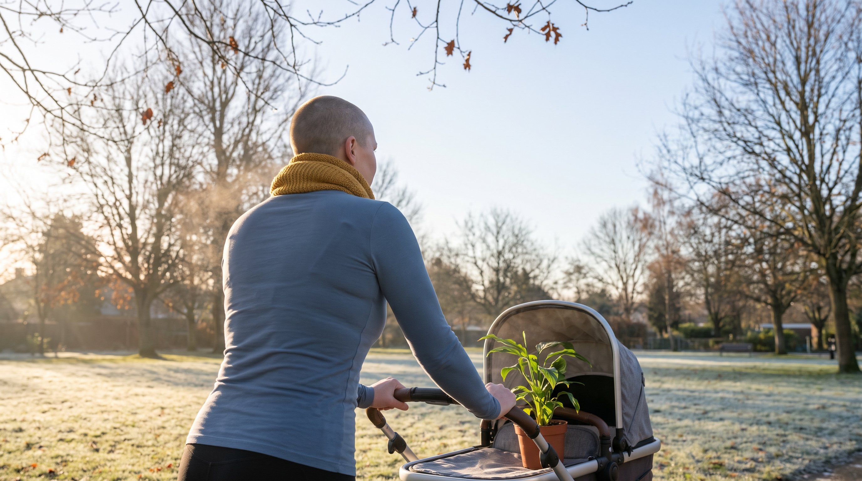 A mother in her early 30s pushing a stroller through a sunny park A mother in her early 30s pushing a stroller through a sunny park