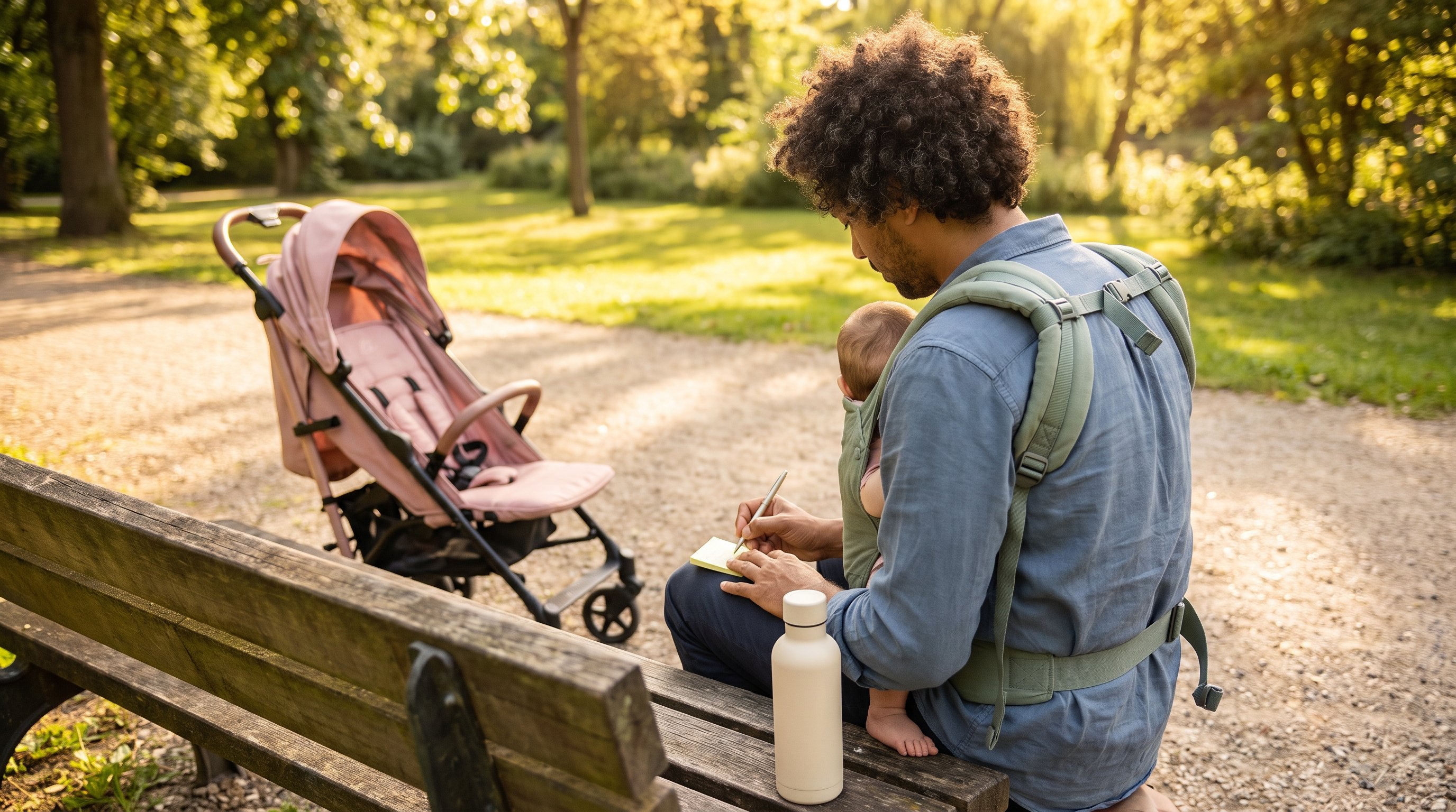 parent jotting a quick note on phone while holding baby
