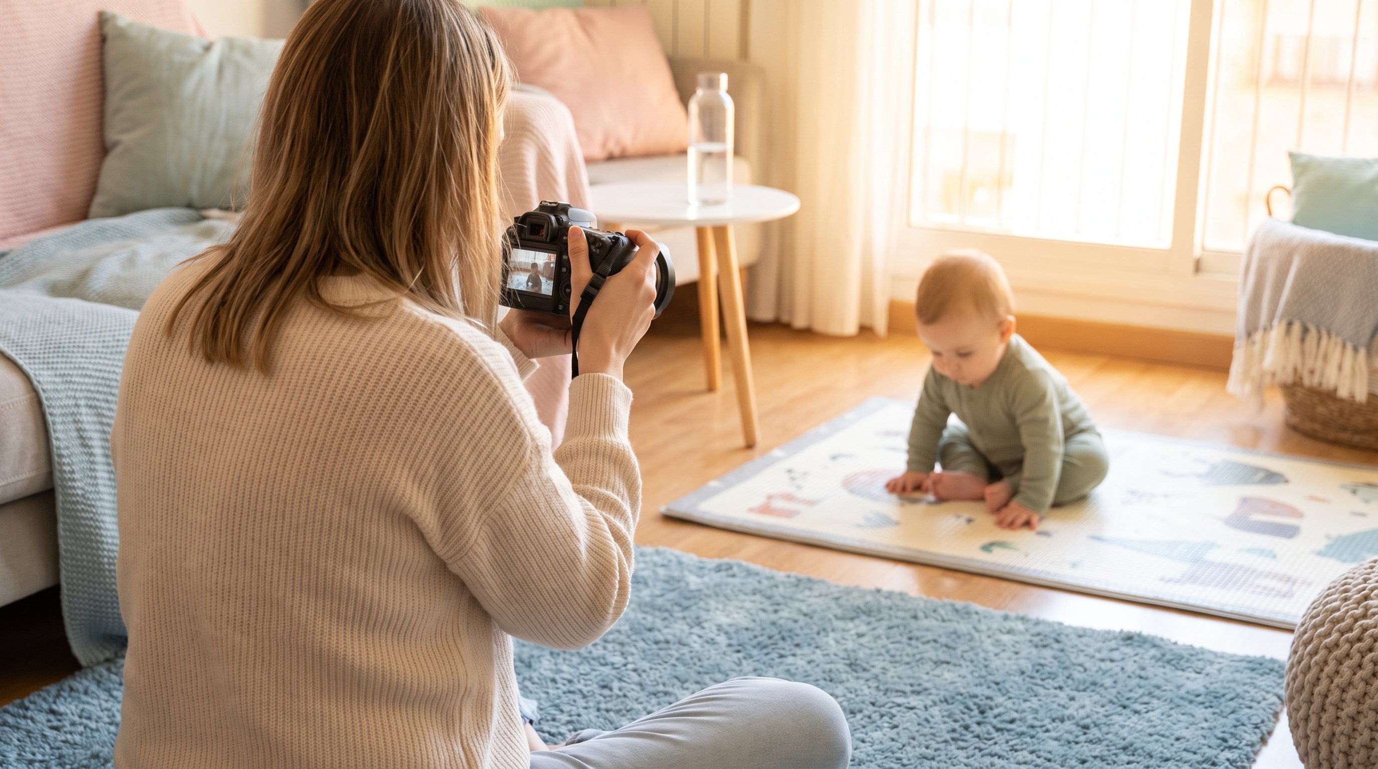 parent photographing baby on a rug beside a window