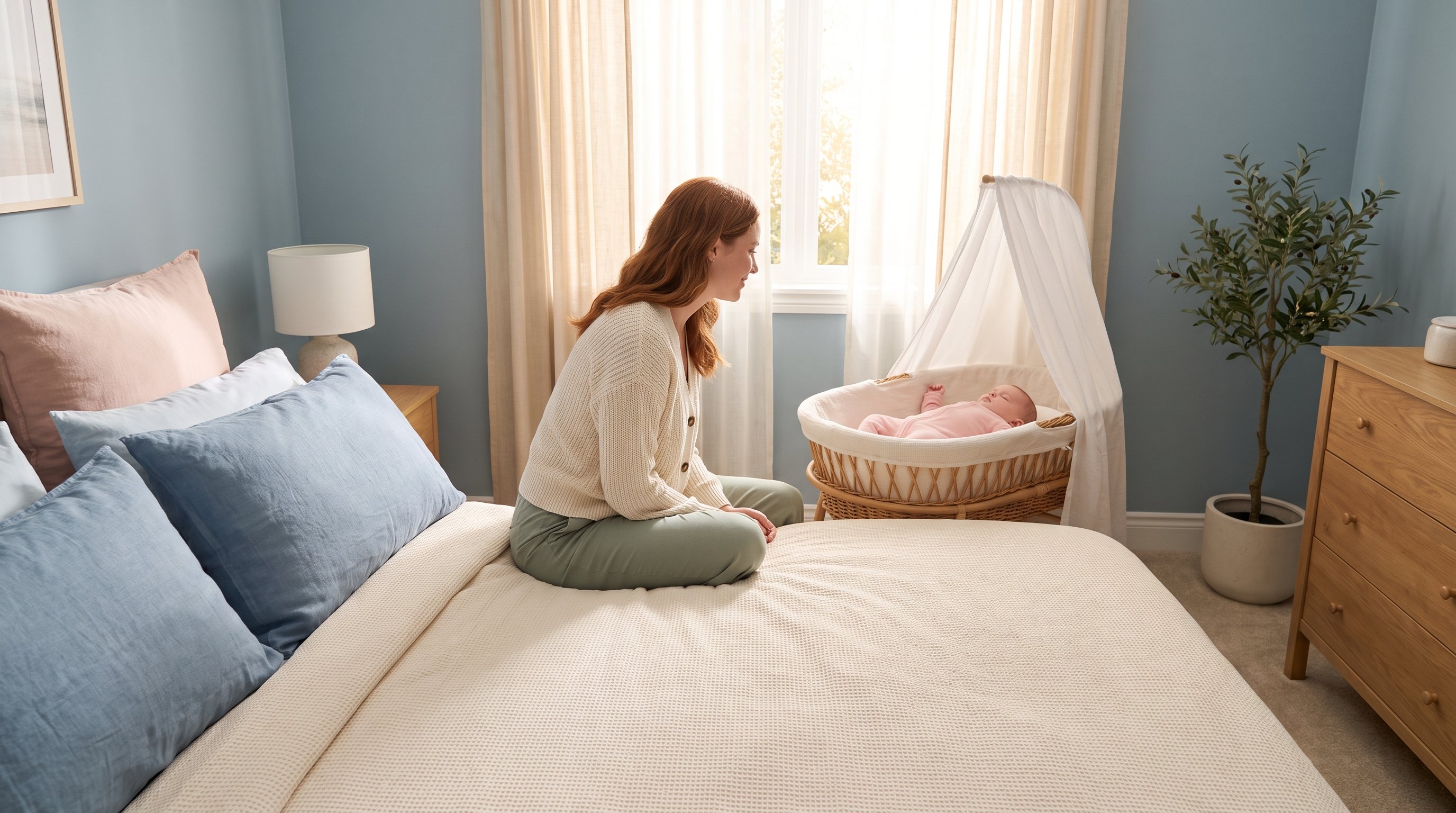parent writing in a journal beside a sleeping baby