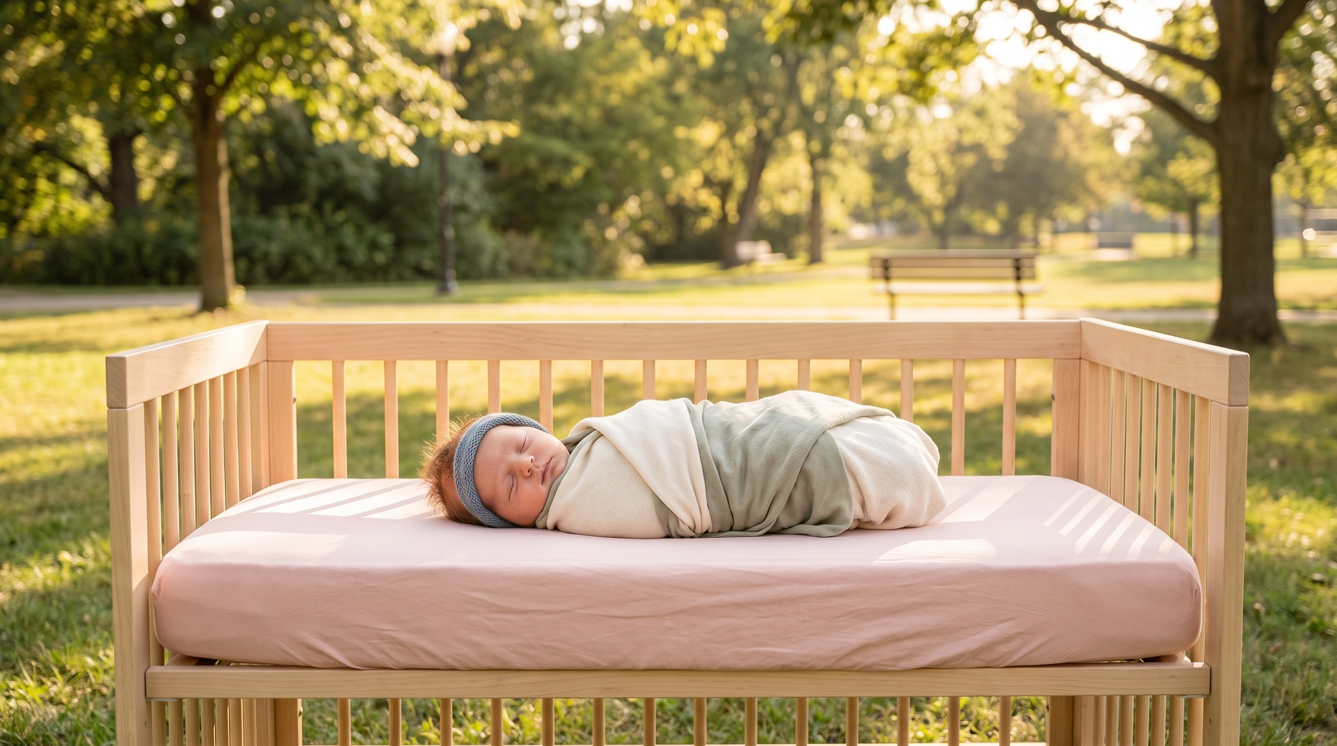 newborn sleeping swaddled in a cot