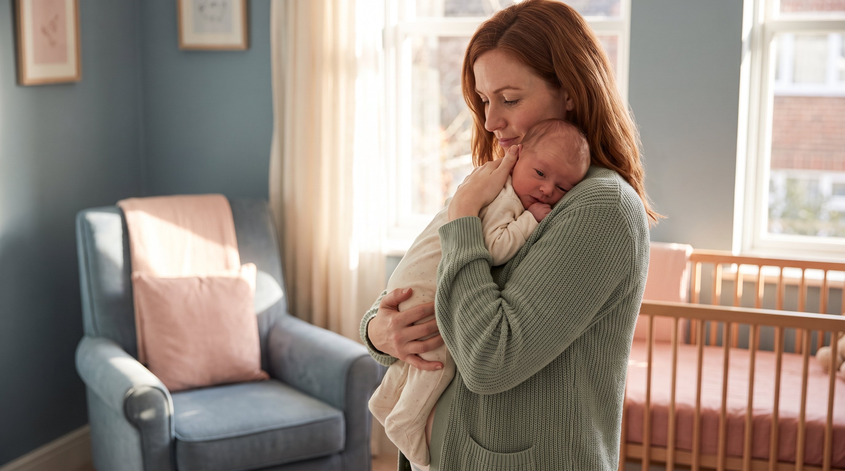 exhausted parent holding newborn in dim nursery at night