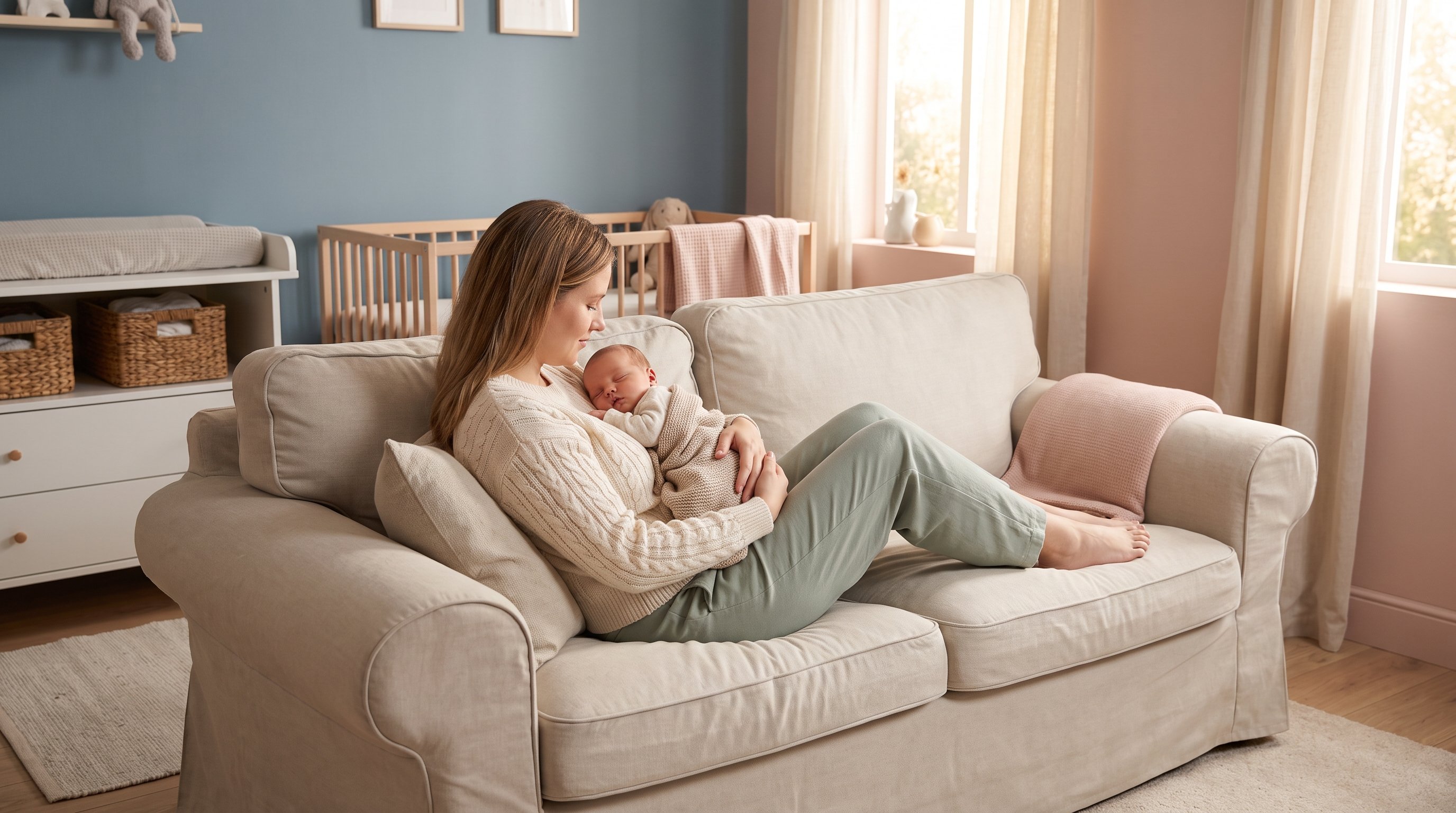 tired parent holding newborn while sitting on sofa at night