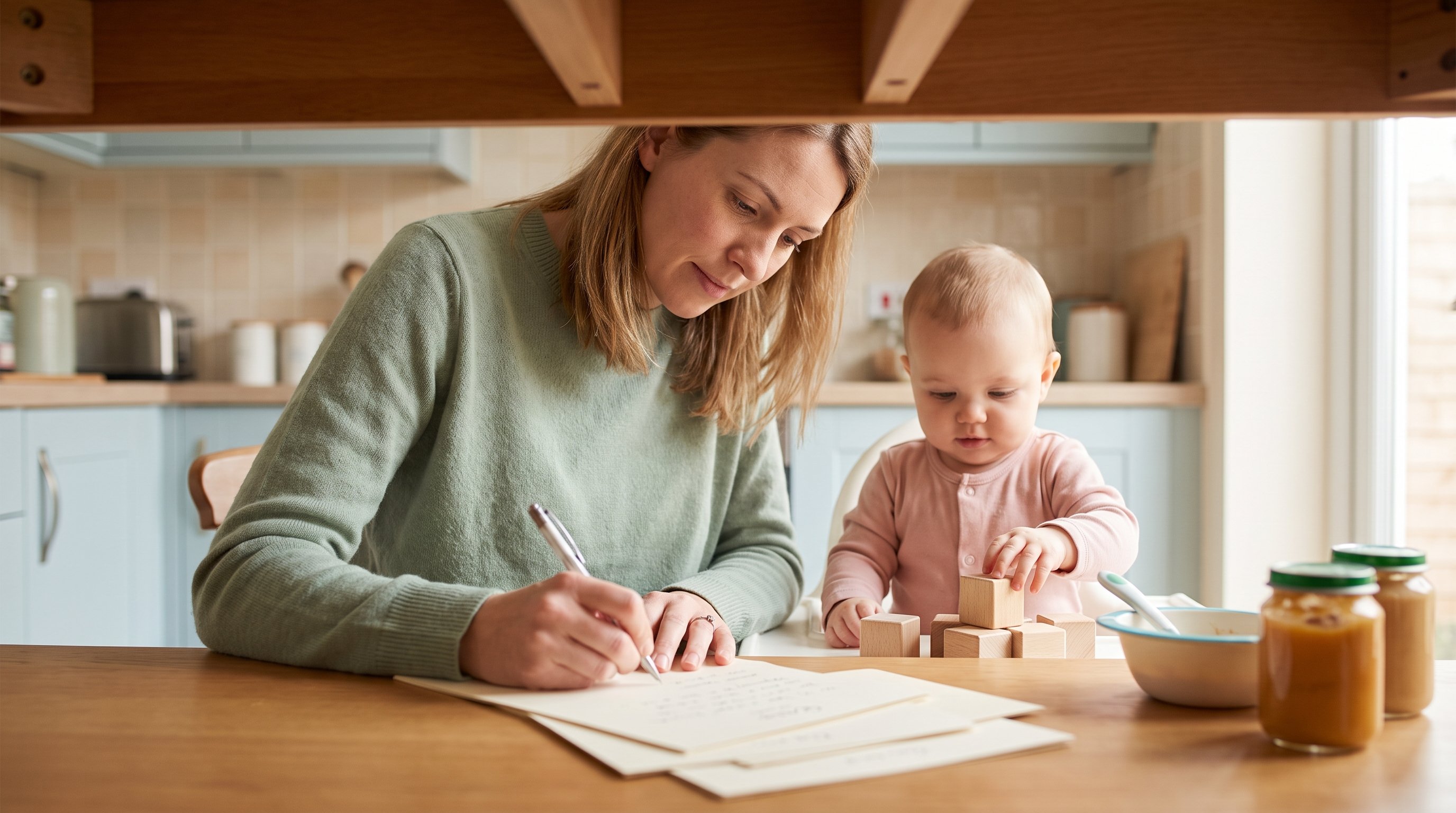parent writing in baby memory book at kitchen table