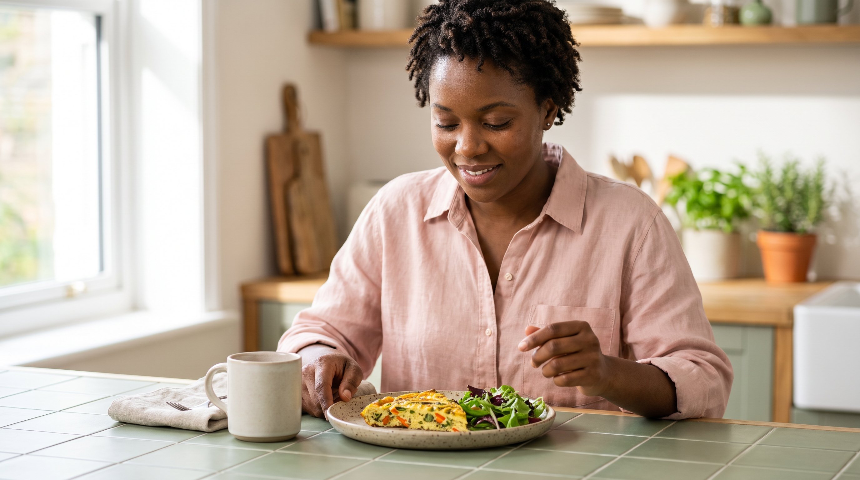 A mother in her early 30s at a family kitchen table