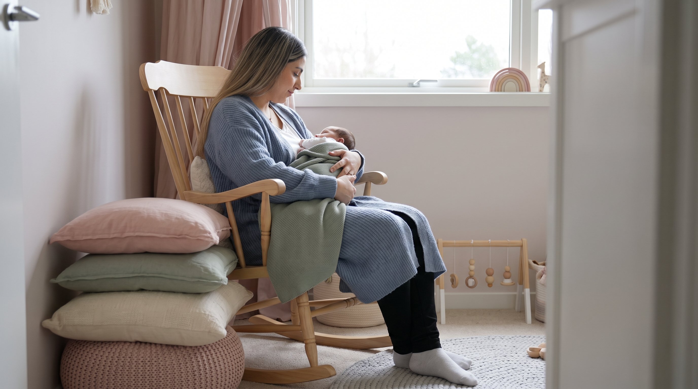 A mother in her early 30s holding her baby in a rocking chair