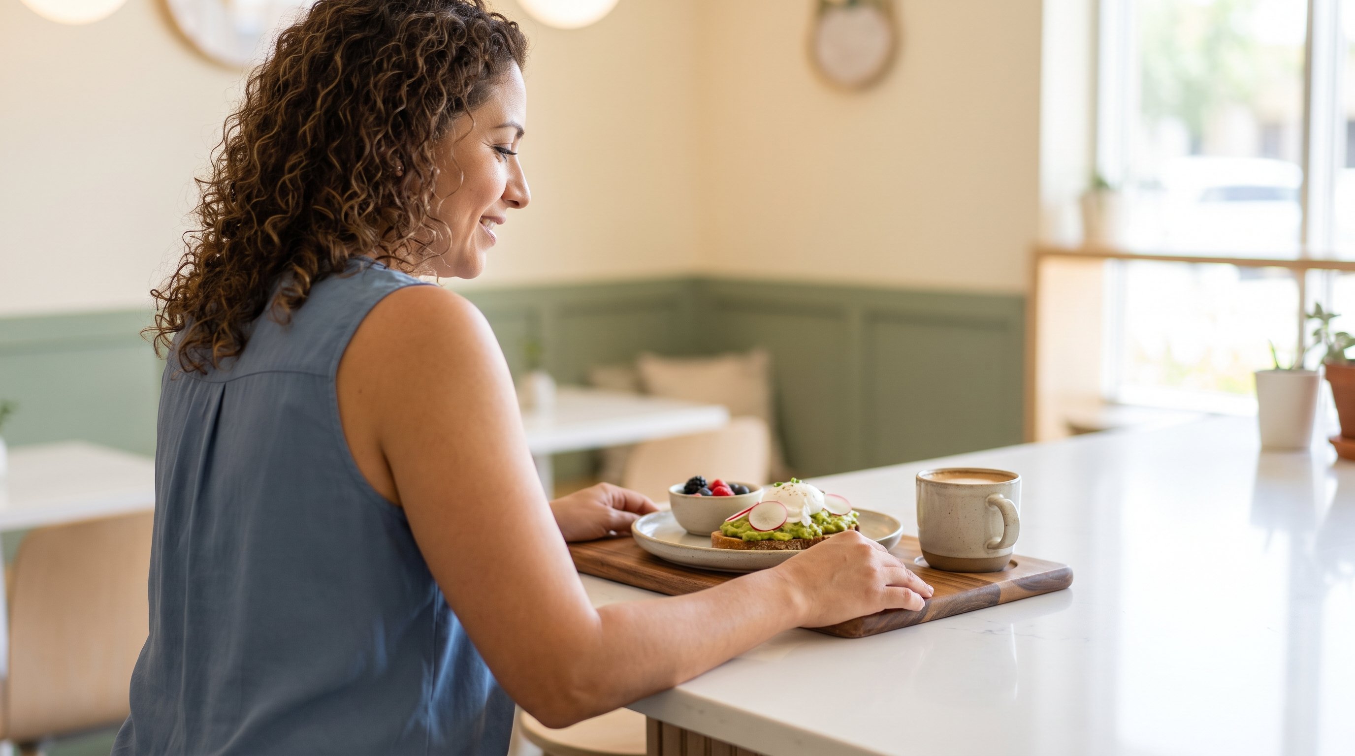 A mother in her early 30s at a family kitchen table