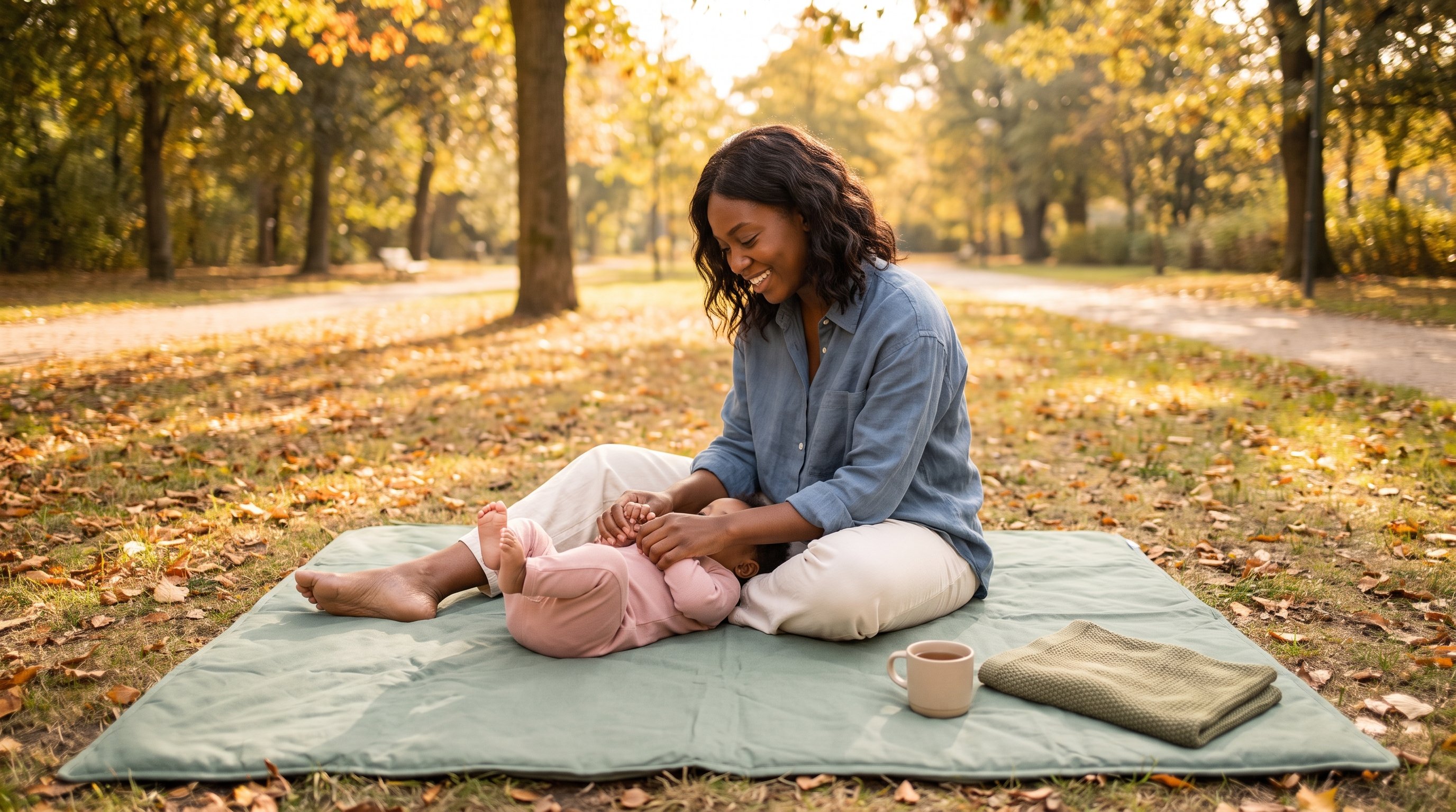 A mother in her early 30s playing with a smiling baby on a play mat A mother in her early 30s playing with a smiling baby on a play mat