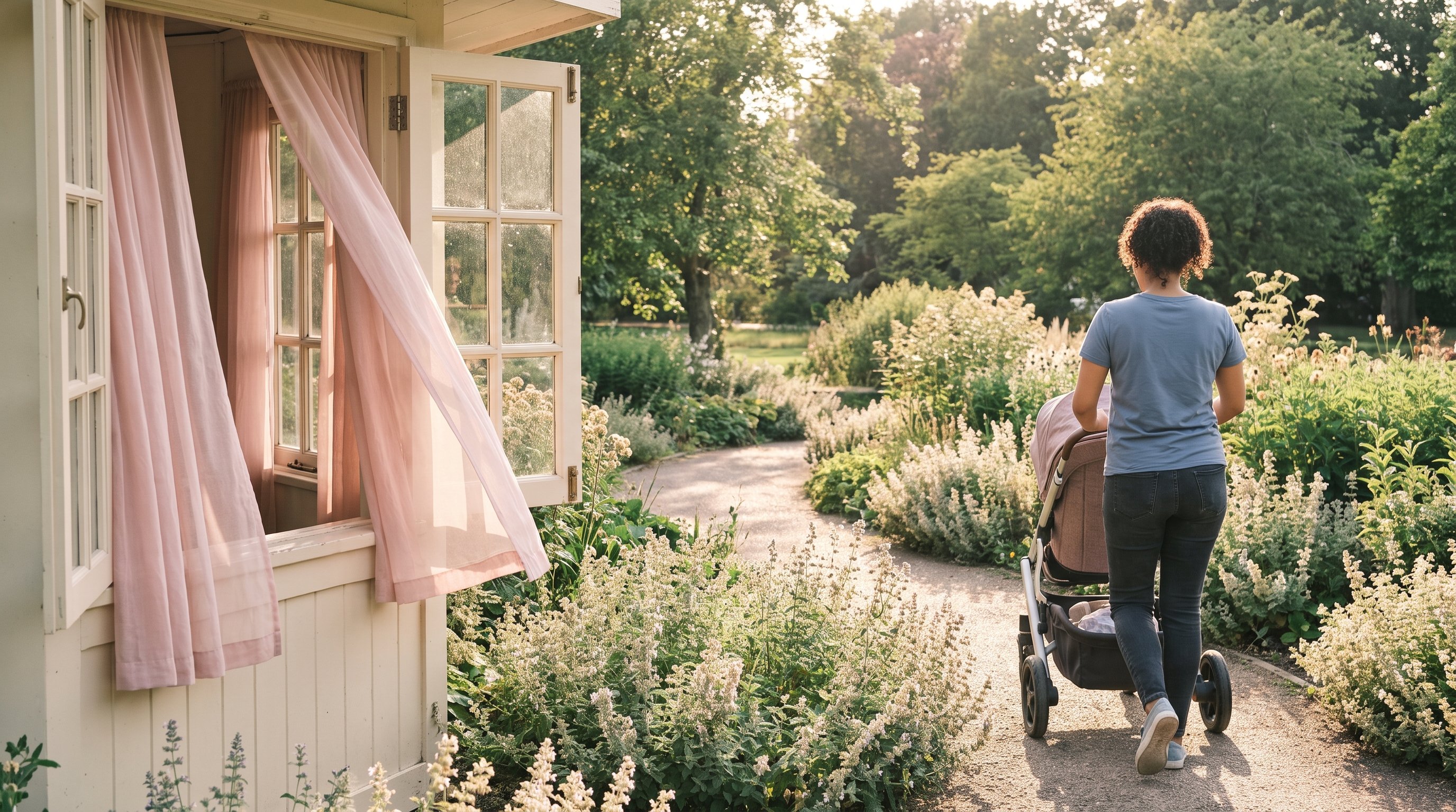 A mother in her early 30s pushing a stroller through a sunny park