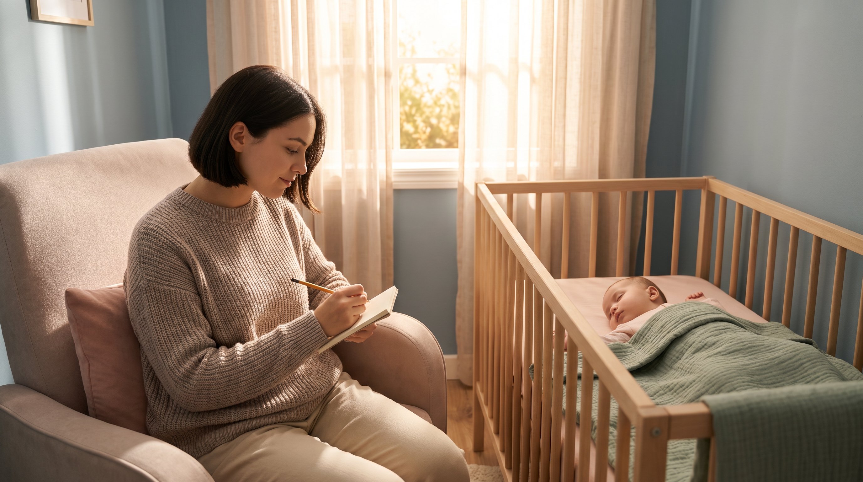 parent writing in a notebook next to a sleeping baby