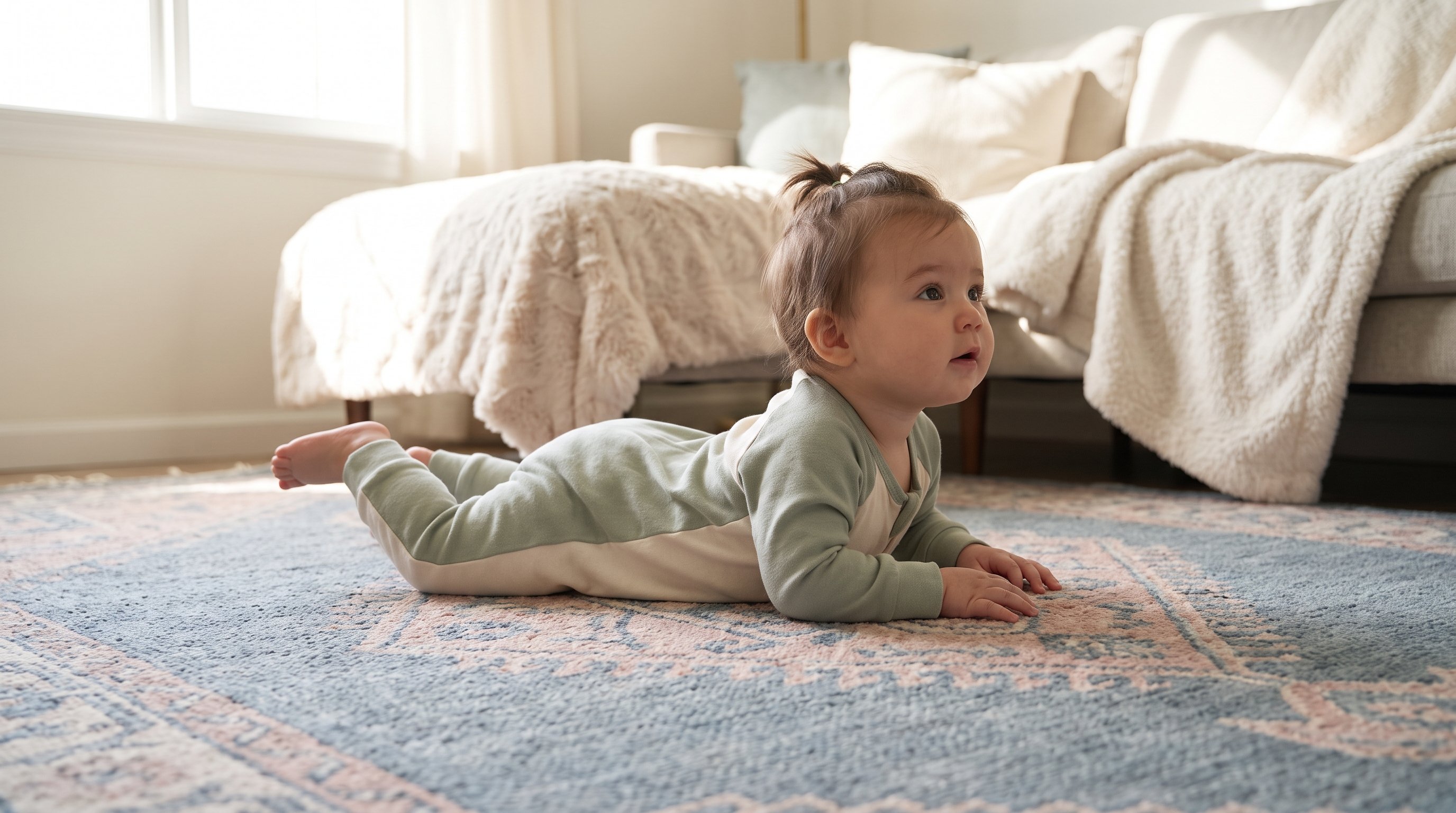 baby on tummy lifting head and shoulders during floor time