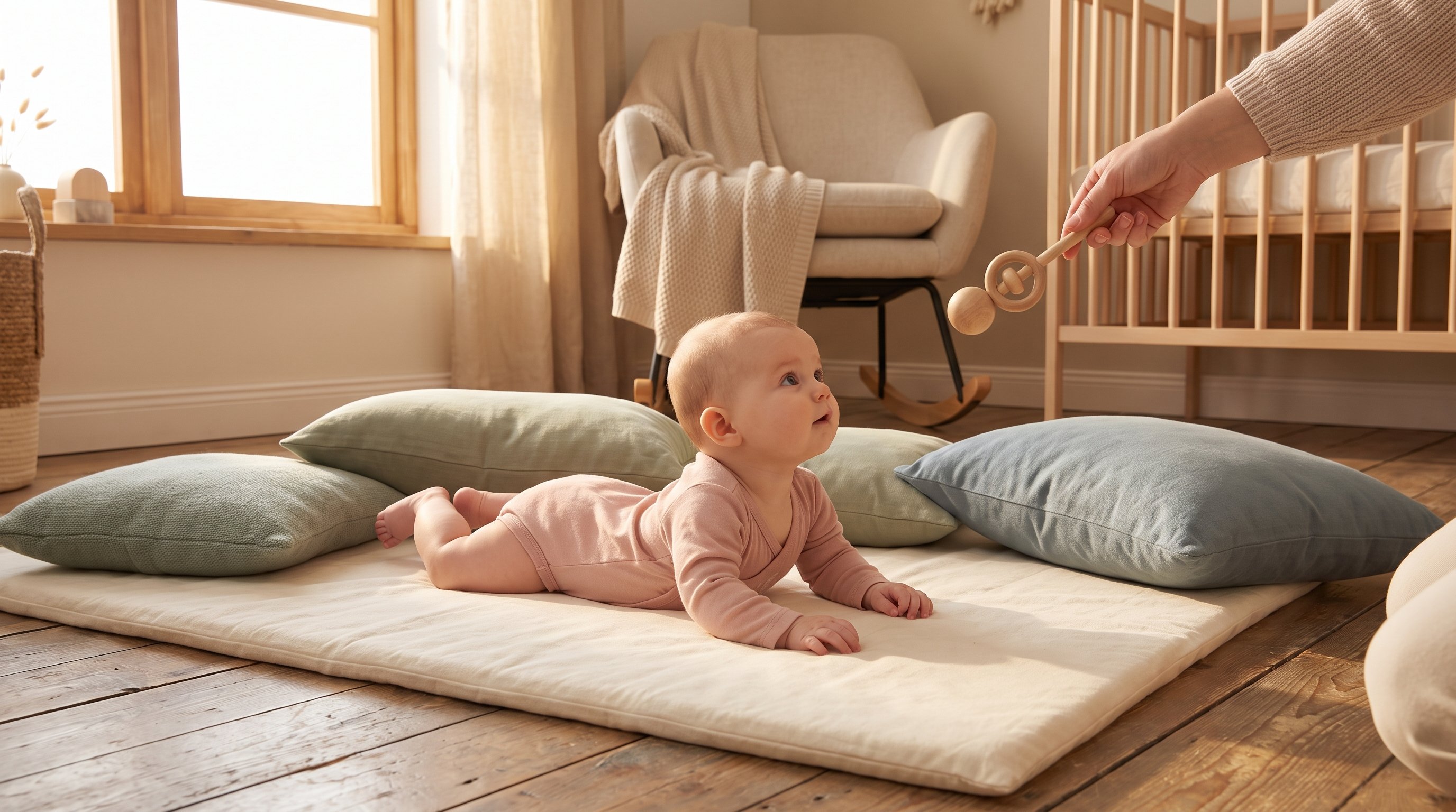 parent sitting on floor holding toy out for baby to reach
