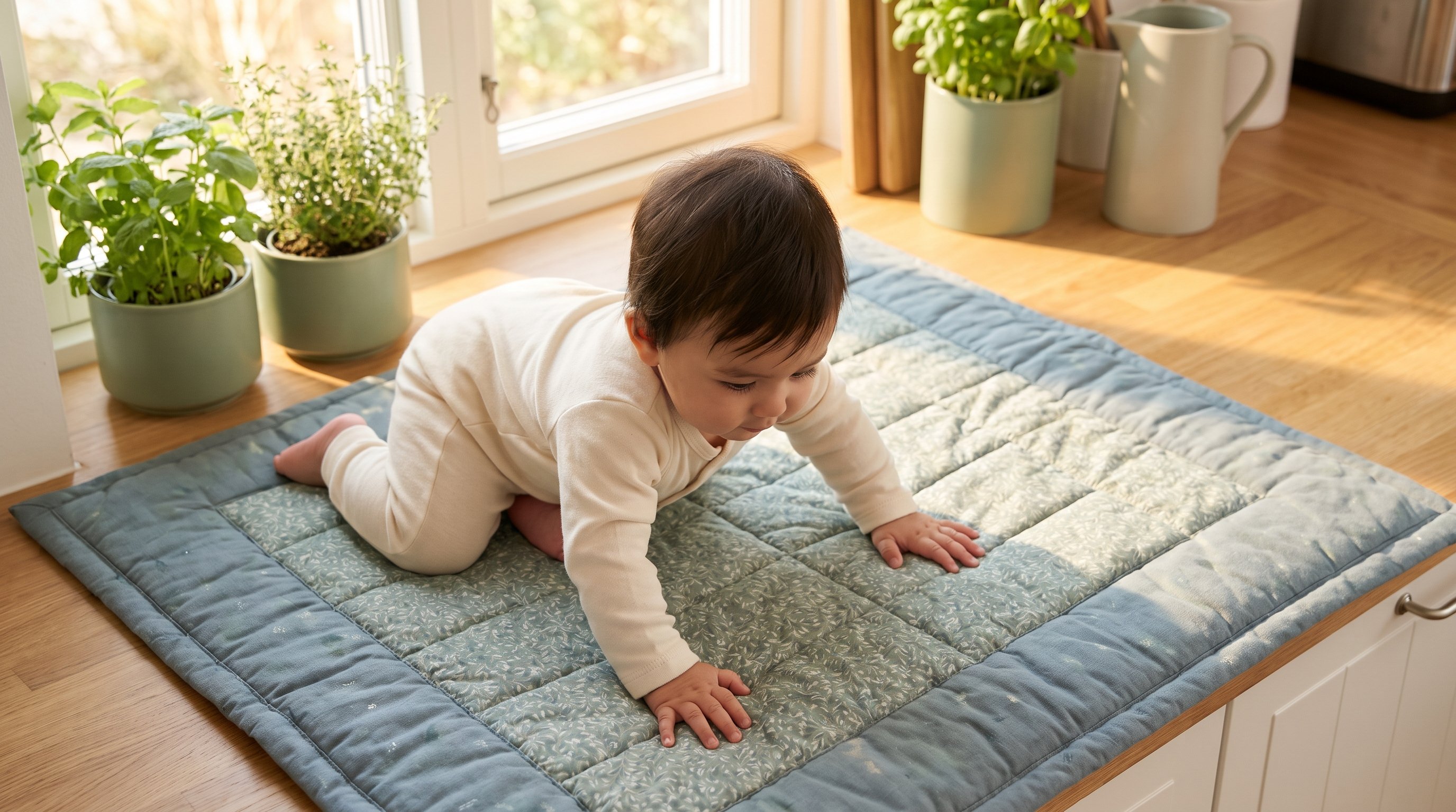 baby rocking on hands and knees on a padded mat