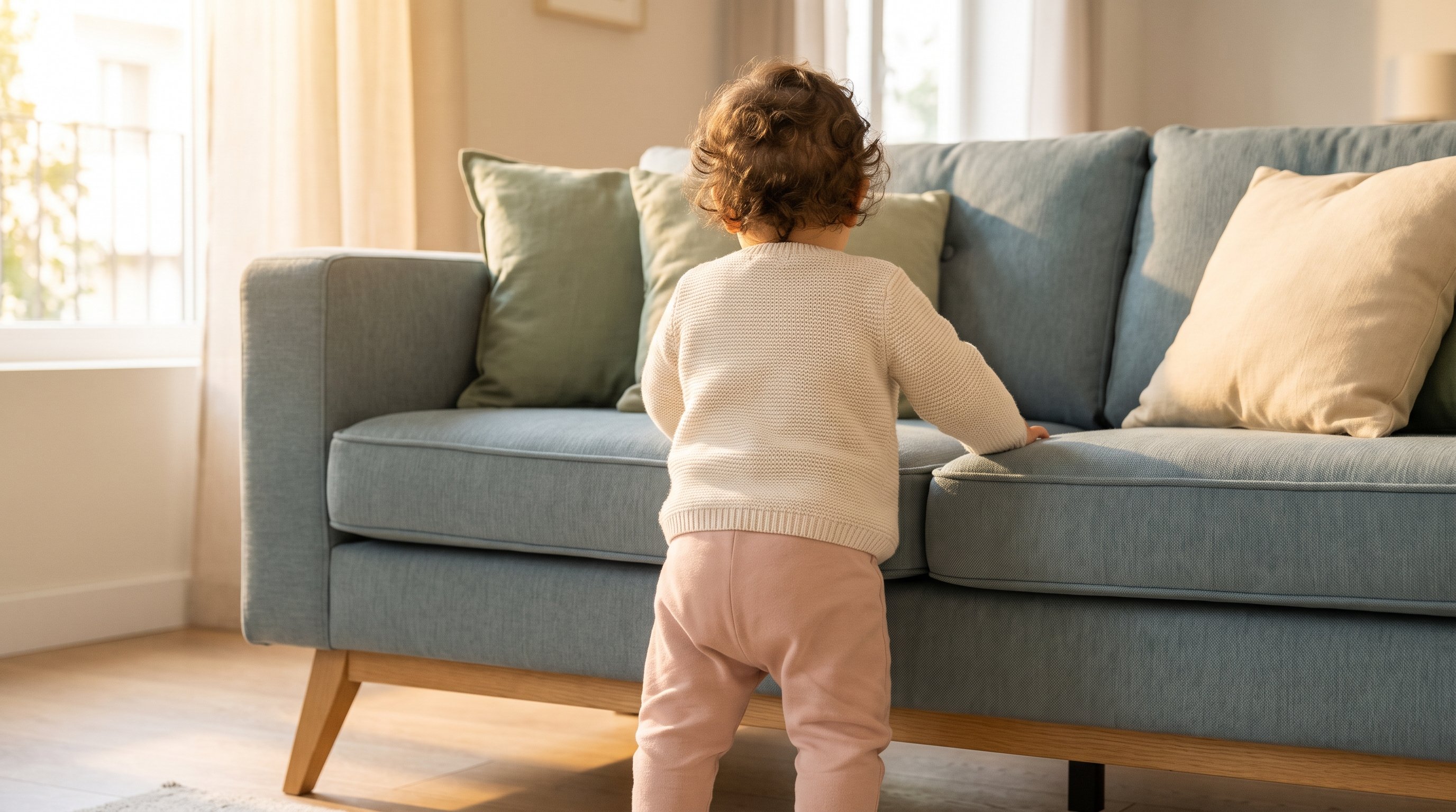 baby cruising along a living room sofa holding on with both hands