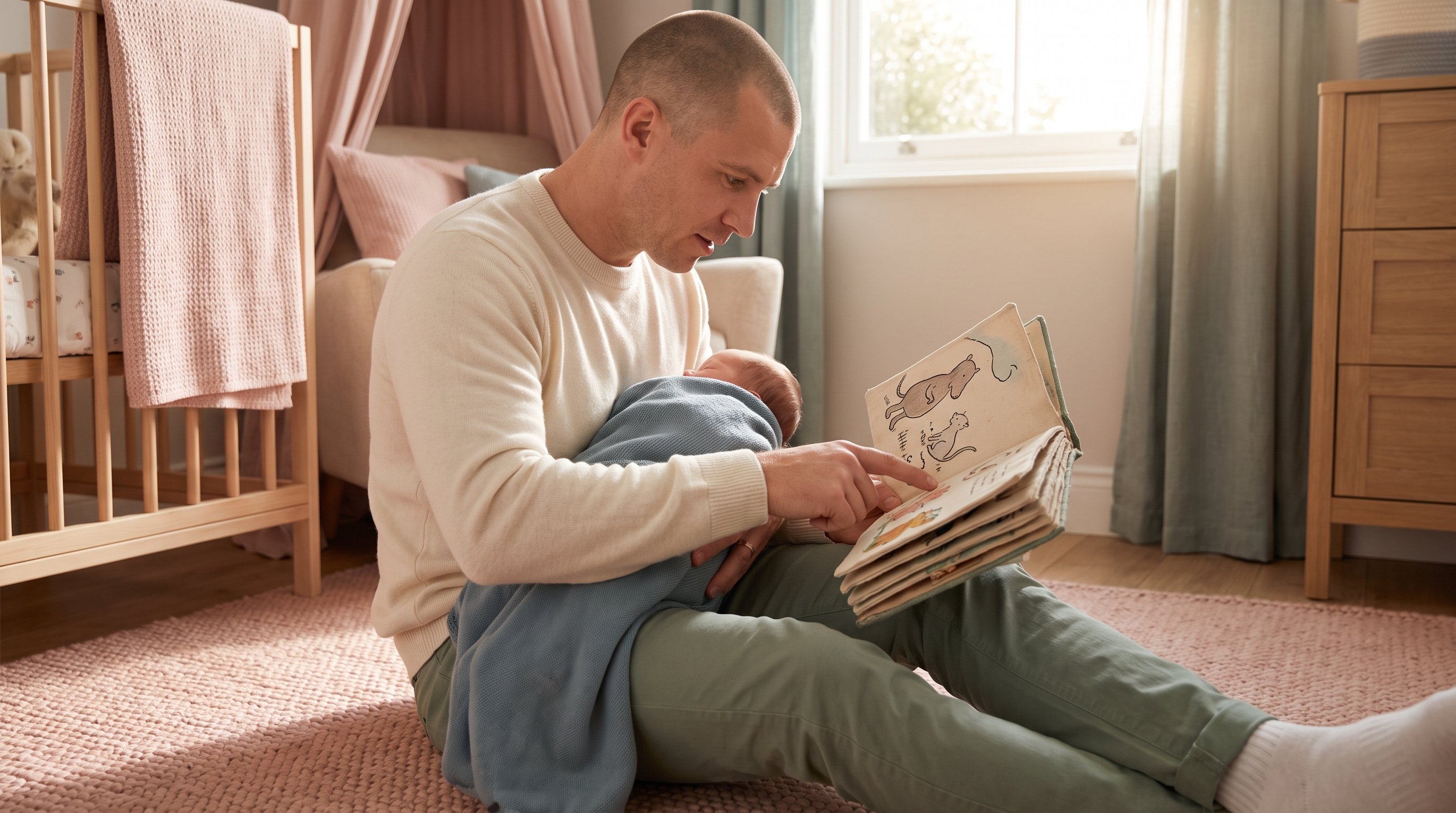 father reading picture book to infant before bedtime